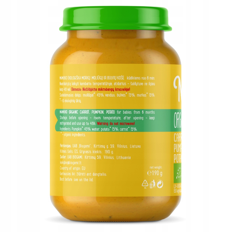 Vakarienė vaikams Ekologiška morkų moliūgų bulvė nuo 6m+ Mamuko 190g