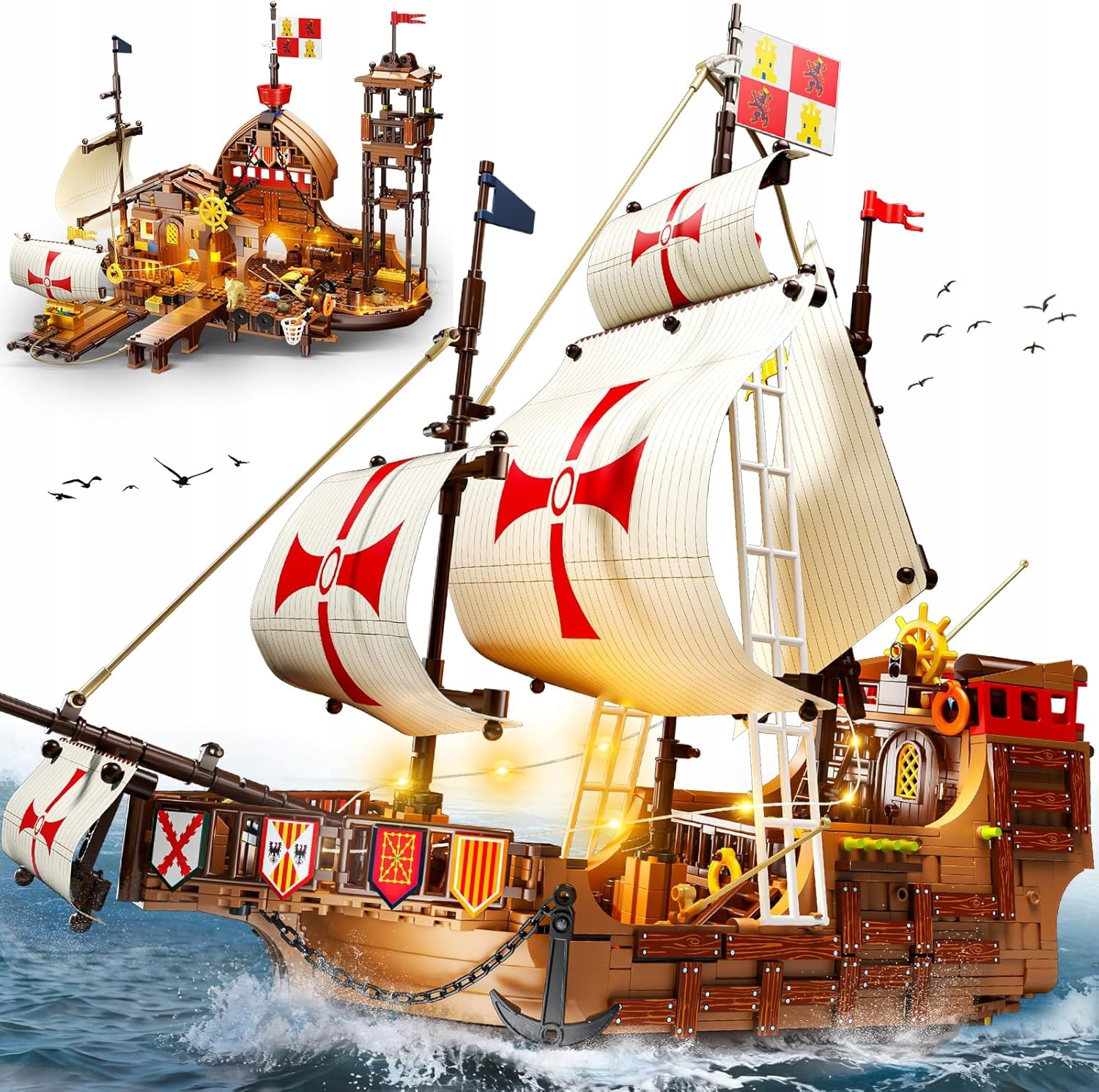 BLOKŲ PIRATŲ LAIVAS SANTA MARIA PILIS NAMAS KELIAS 2in1 DOVANA 1253vnt.