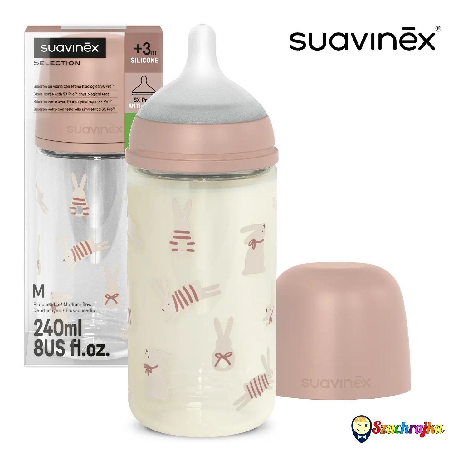 Suavinex stiklinis buteliukas nuo pilvo dieglių SX Pro 240 ml vidutinio srauto M 3m+
