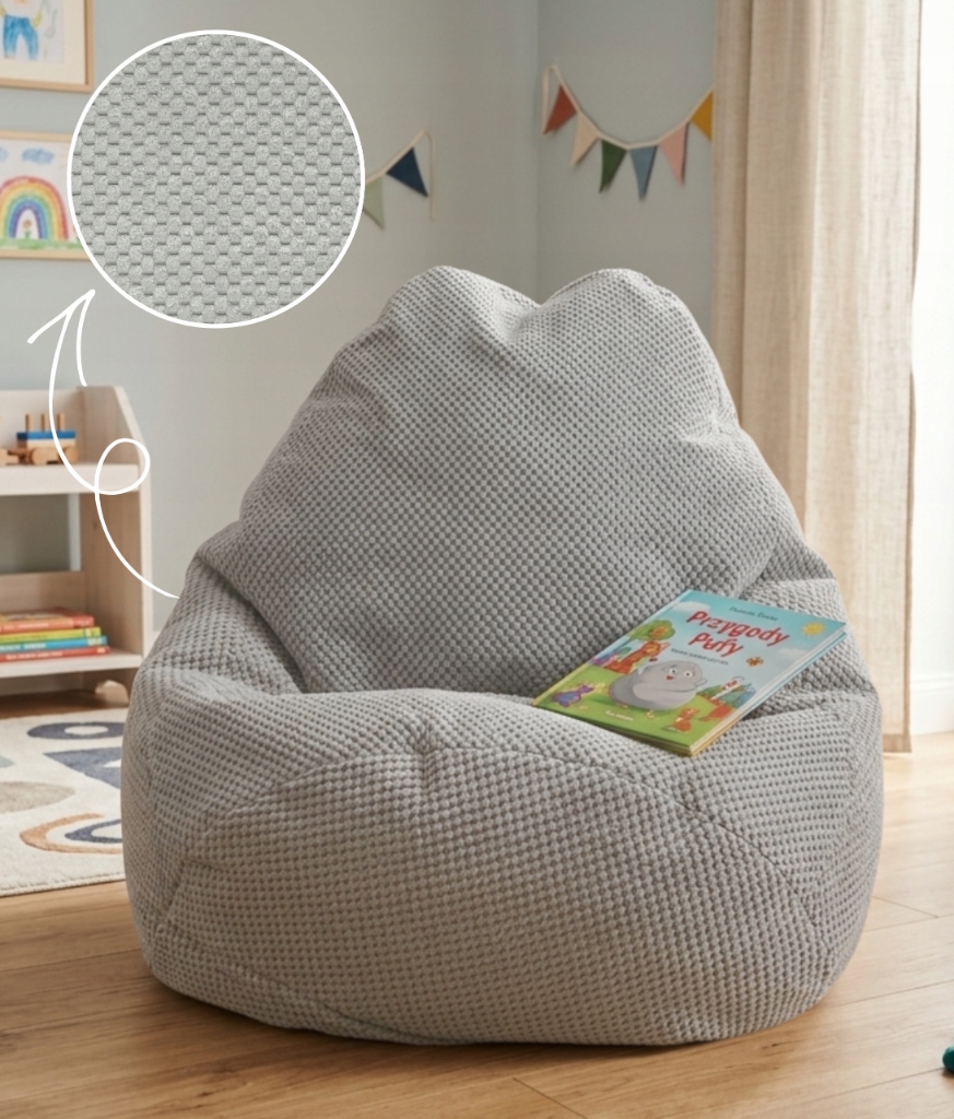 Patogus fotelis Pouf Sako 60x50cm minkštas pliušinis pilkas šviesus sėdynė