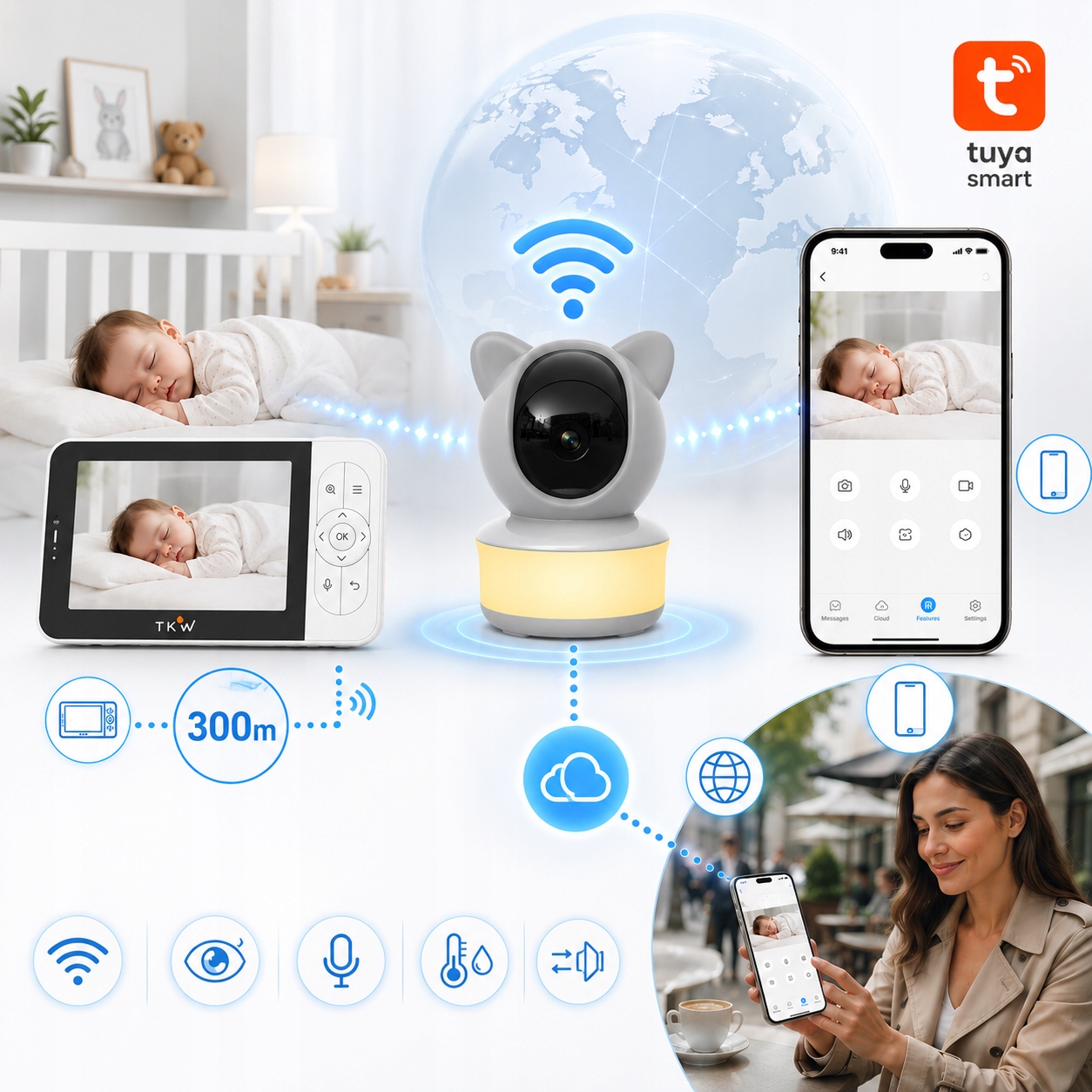 TKW elektroninė niania su 5 colių WiFi kamera ir lemputė