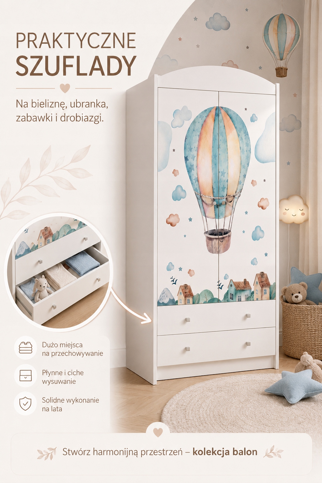 Balta vaikiška spinta - Balionas su krepšeliu - 88x187 - 2 stalčiai, strypas, 4 lentynos