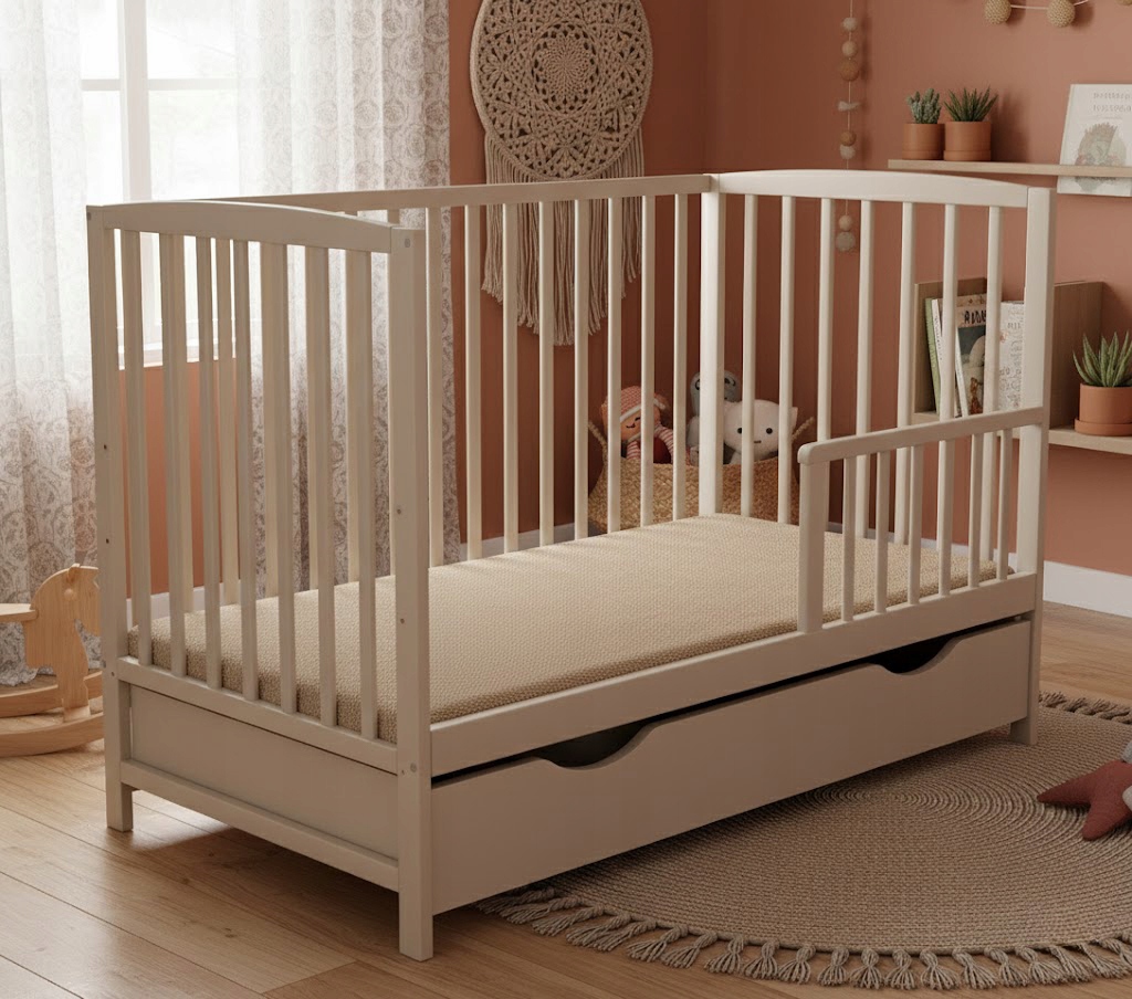 KRZYŚ KASZMIR su stalčiumi ir TAUPE turėklai Kūdikio lova 120x60
