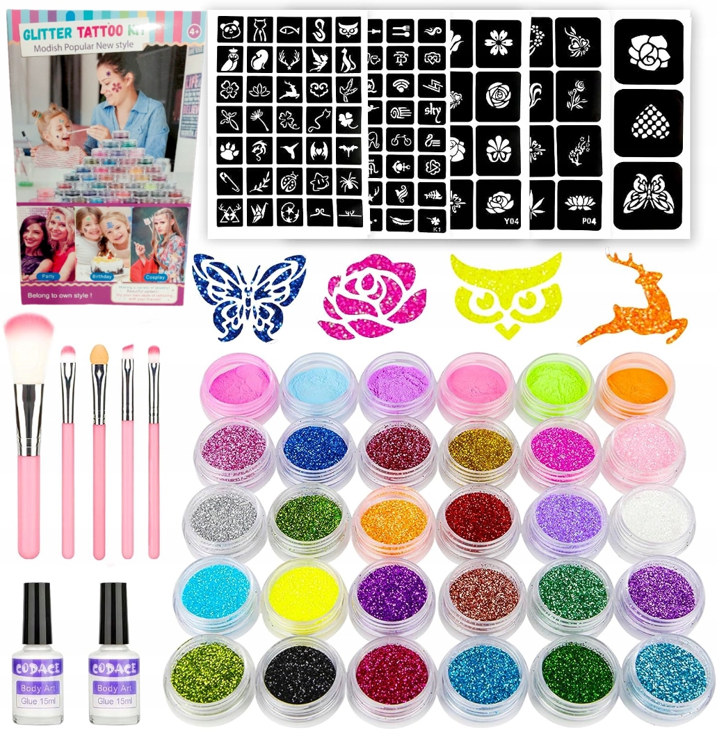 DIDELIS TATUiruočių rinkinys, ŠABLONAI, GLITTER TATUiruotės, PLAUNAMI GLITTER