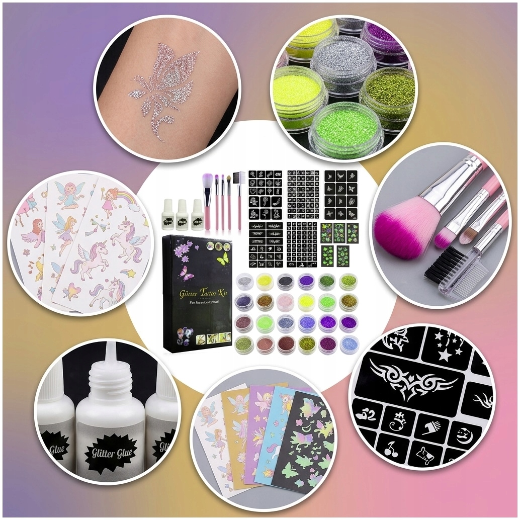 GLITTER TATOO RINKINYS VAIKAMS GLITTER TEMPLATES 24 vnt 3x XXL GLUE