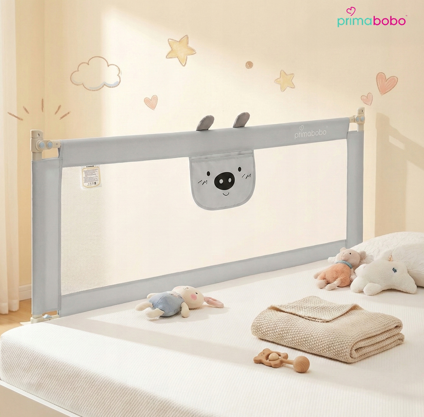 PRIMABOBO saugos turėklai lovai, BEAR, 160 cm, sulankstomi, vaikams, PILKA