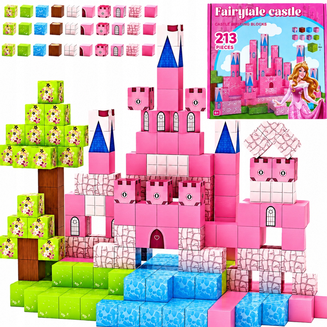 MAGNETINIAI BLOKAI 213 MERGAITĖMS KONSTRUKCIJA KUBAS PILIS PINK