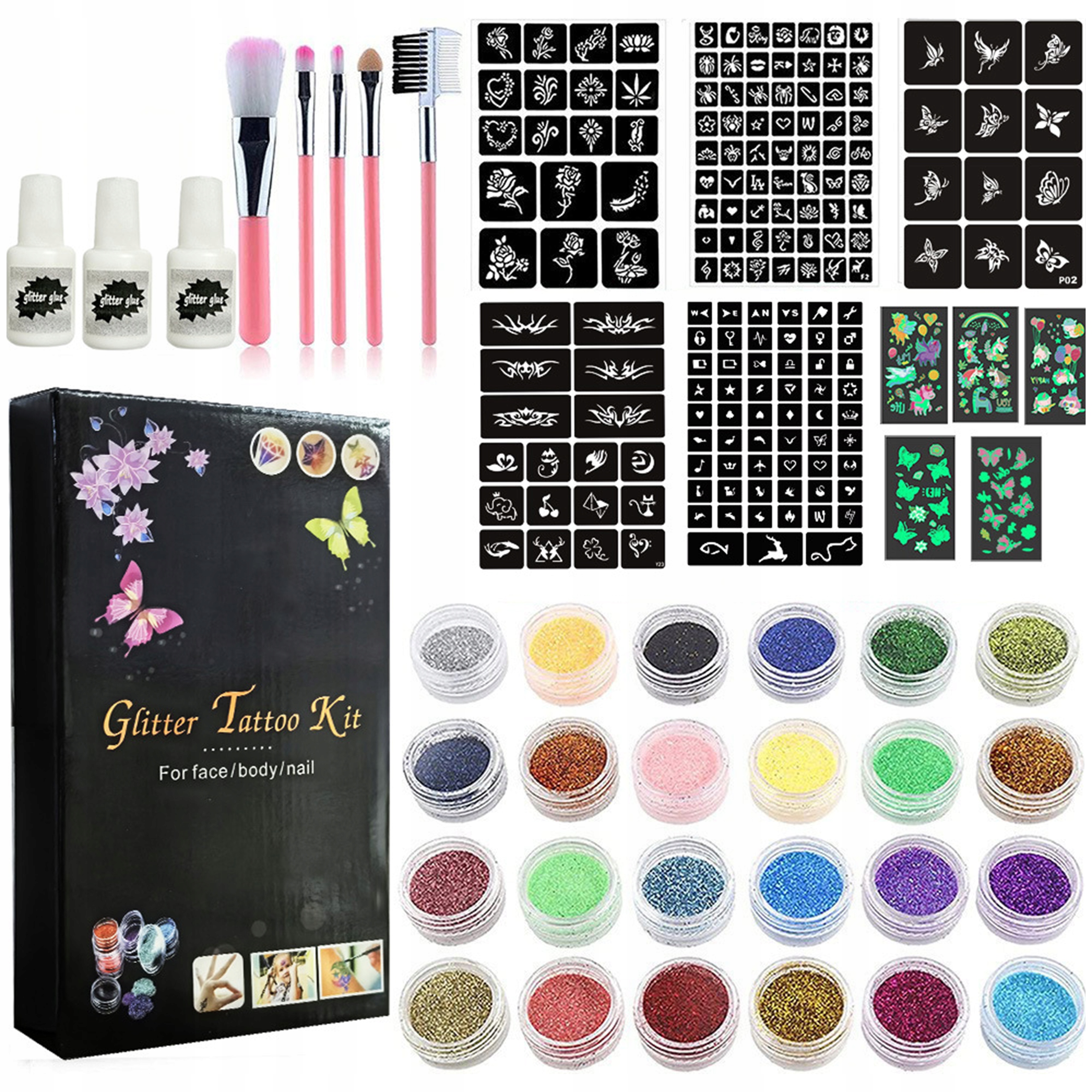 DIDELIS GLITTER TATTOO RINKINYS ŠABLONAI GLITTER TATTUOS XL VAIKAMS