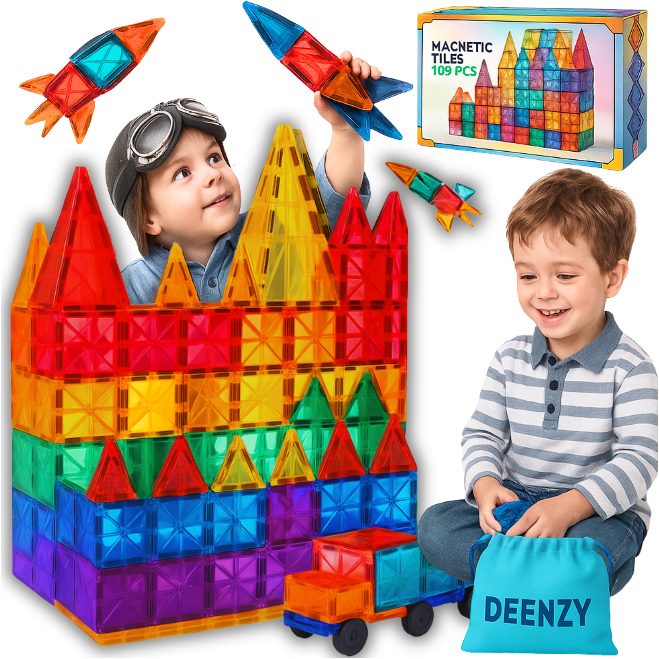 Deenzy magnetiniai XXL kaladėliai 109 el. su krepšiu