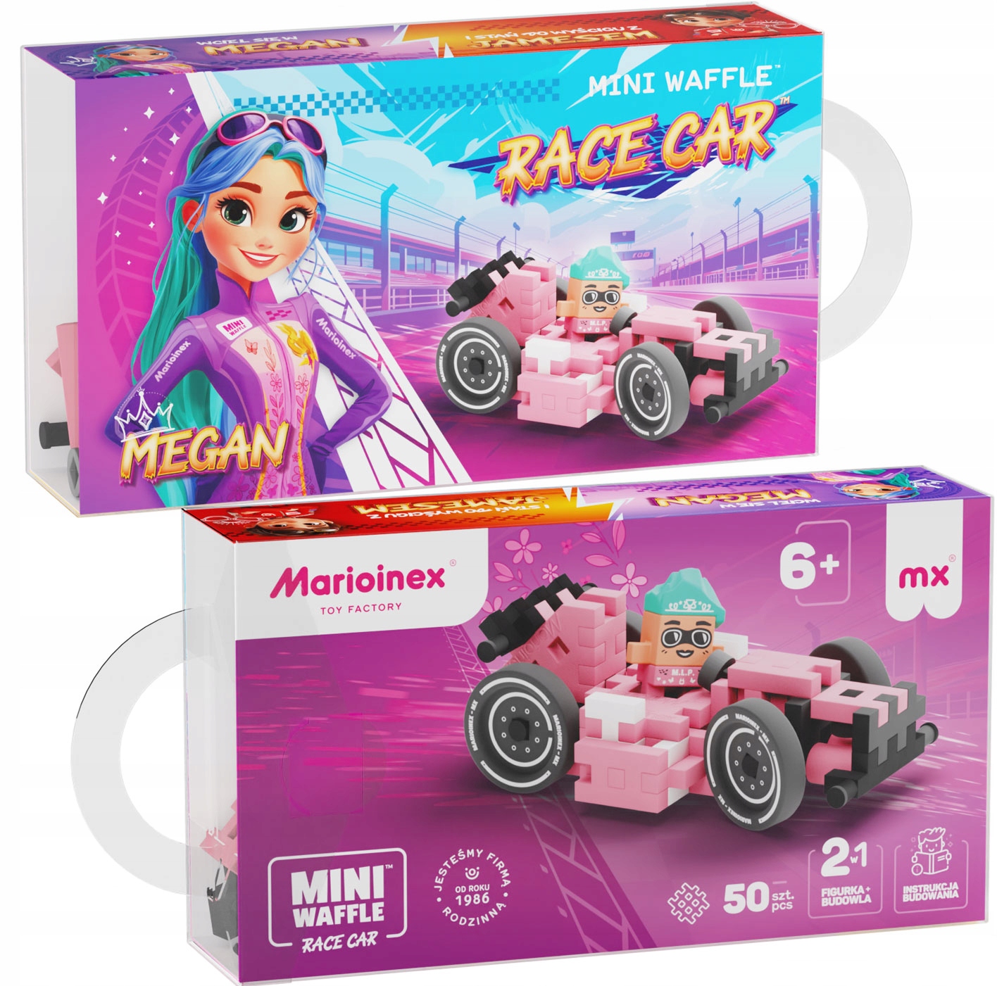 Marioinex Waffle Mini Cars lenktyninis automobilis, Megan, 50 vnt, rožinė, 2in1 lenktynės