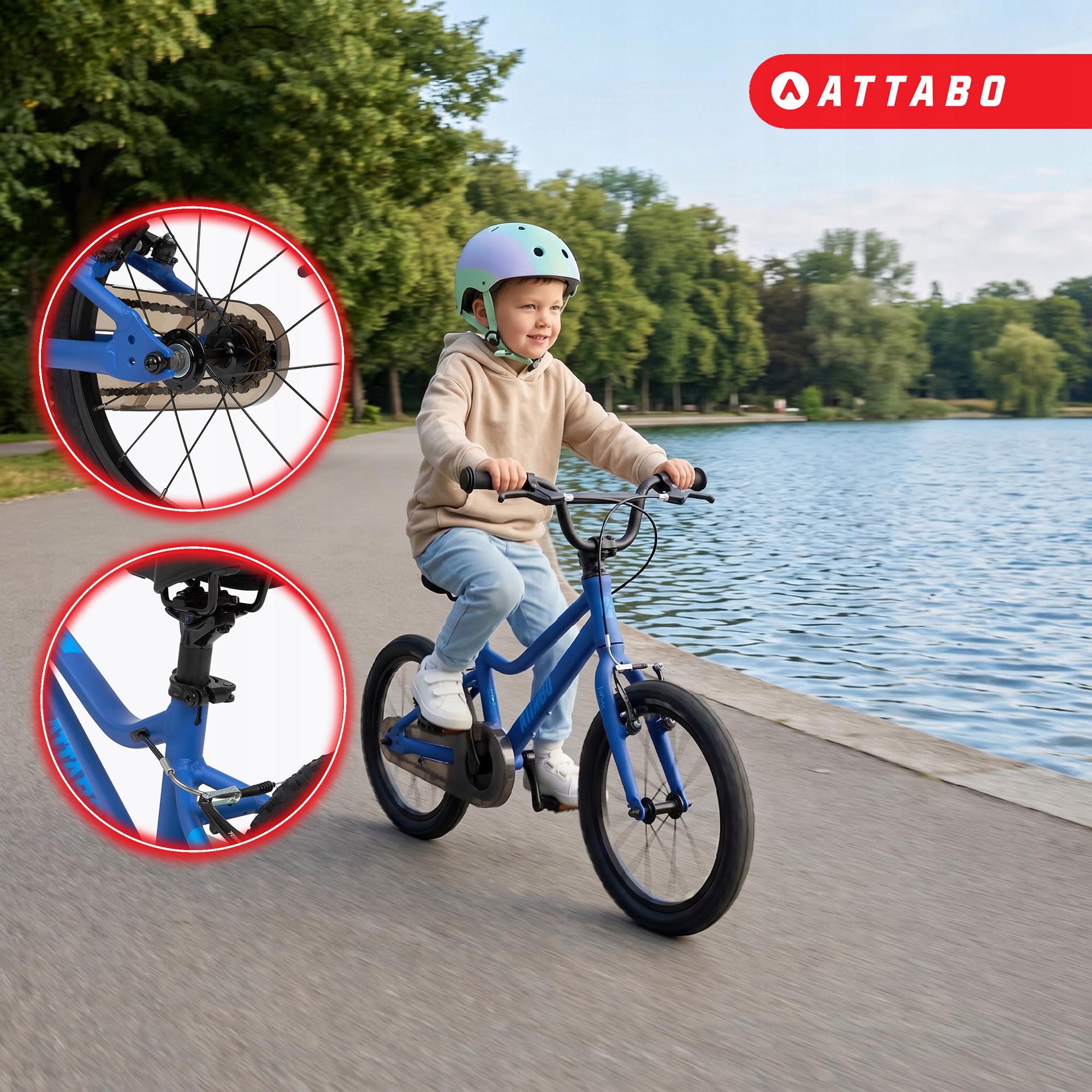 ATTABO EASE 16" vaikiškas dviratis 6,4 kg Gen 2 mėlynas LIGHT ALIUMINIO RĖMAS