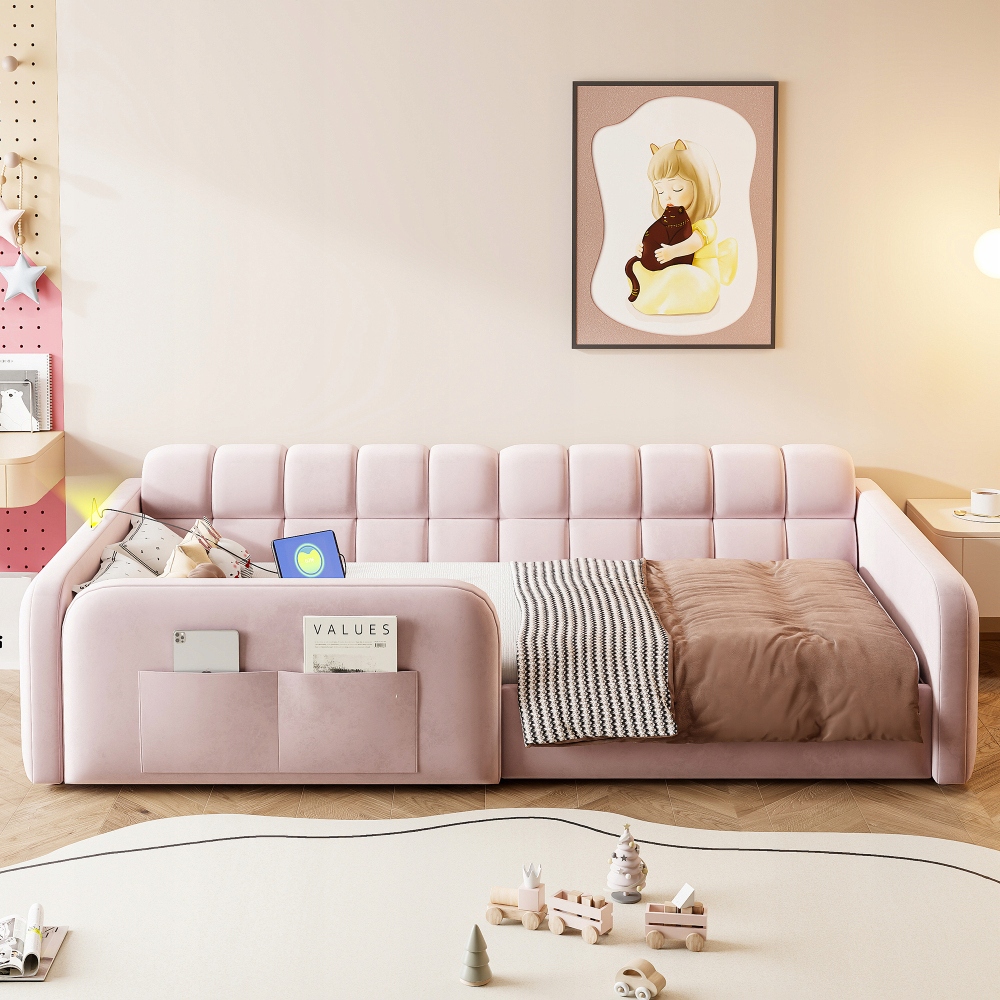 Vaikiška lova apmušta aksomu, stalčius, naktinė lempa, USB sofa, rožinė