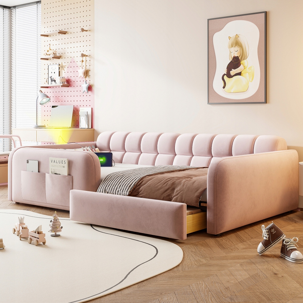 Vaikiška lova apmušta aksomu, stalčius, naktinė lempa, USB sofa, rožinė