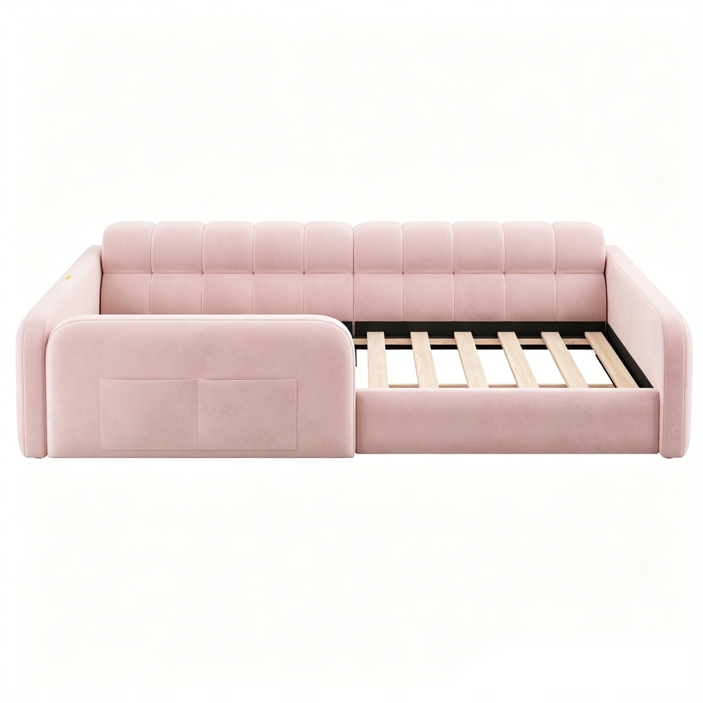 Vaikiška lova apmušta aksomu, stalčius, naktinė lempa, USB sofa, rožinė