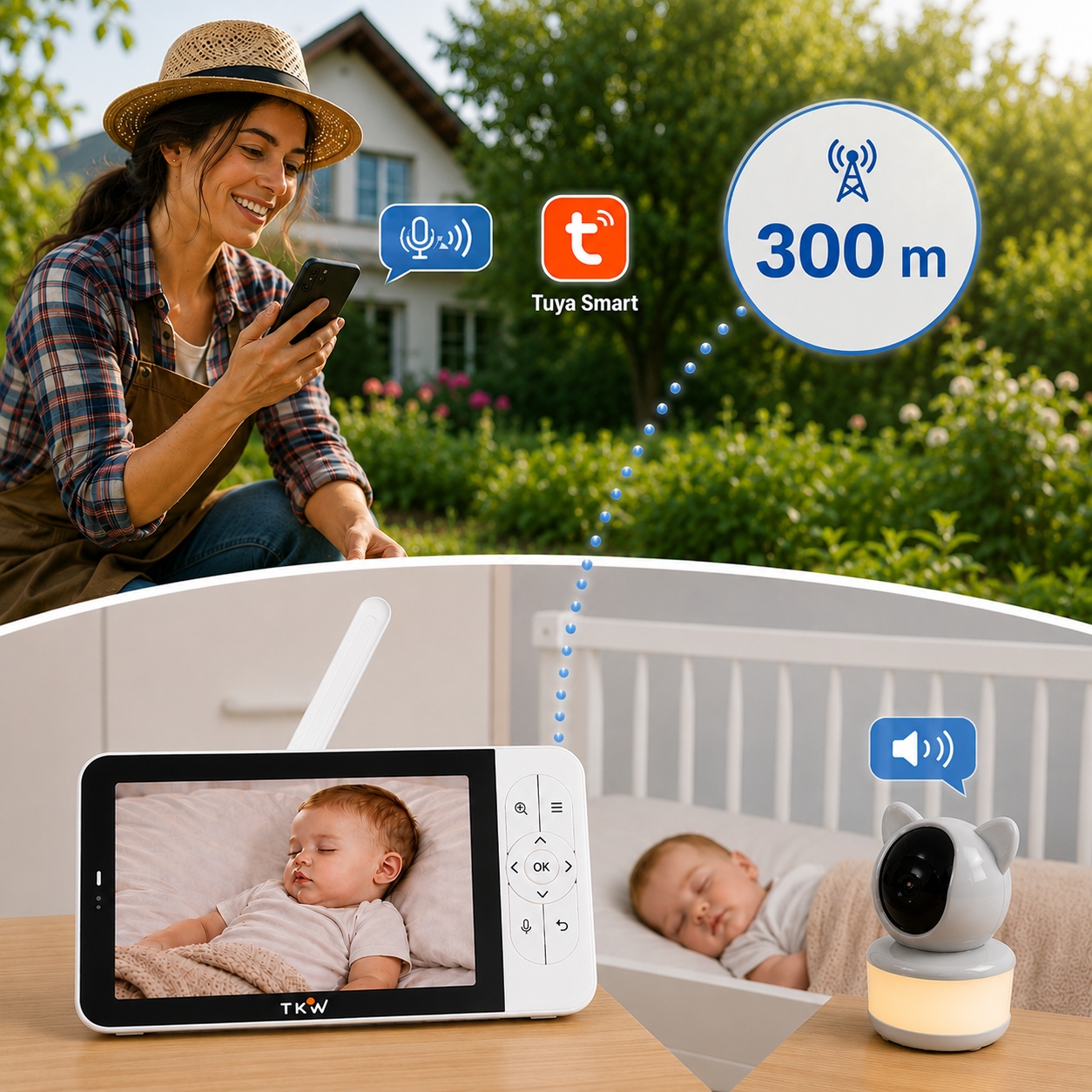 TKW elektroninė niania su 5 colių WiFi kamera ir lemputė