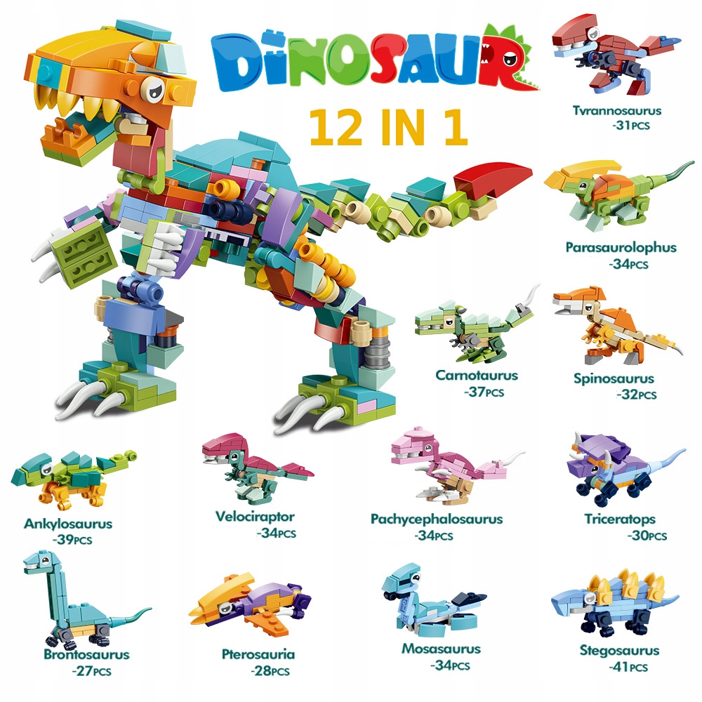 Konstrukciniai blokeliai su dinozaurais 12in1 Kūrybinga edukacinė įvairiaspalvė