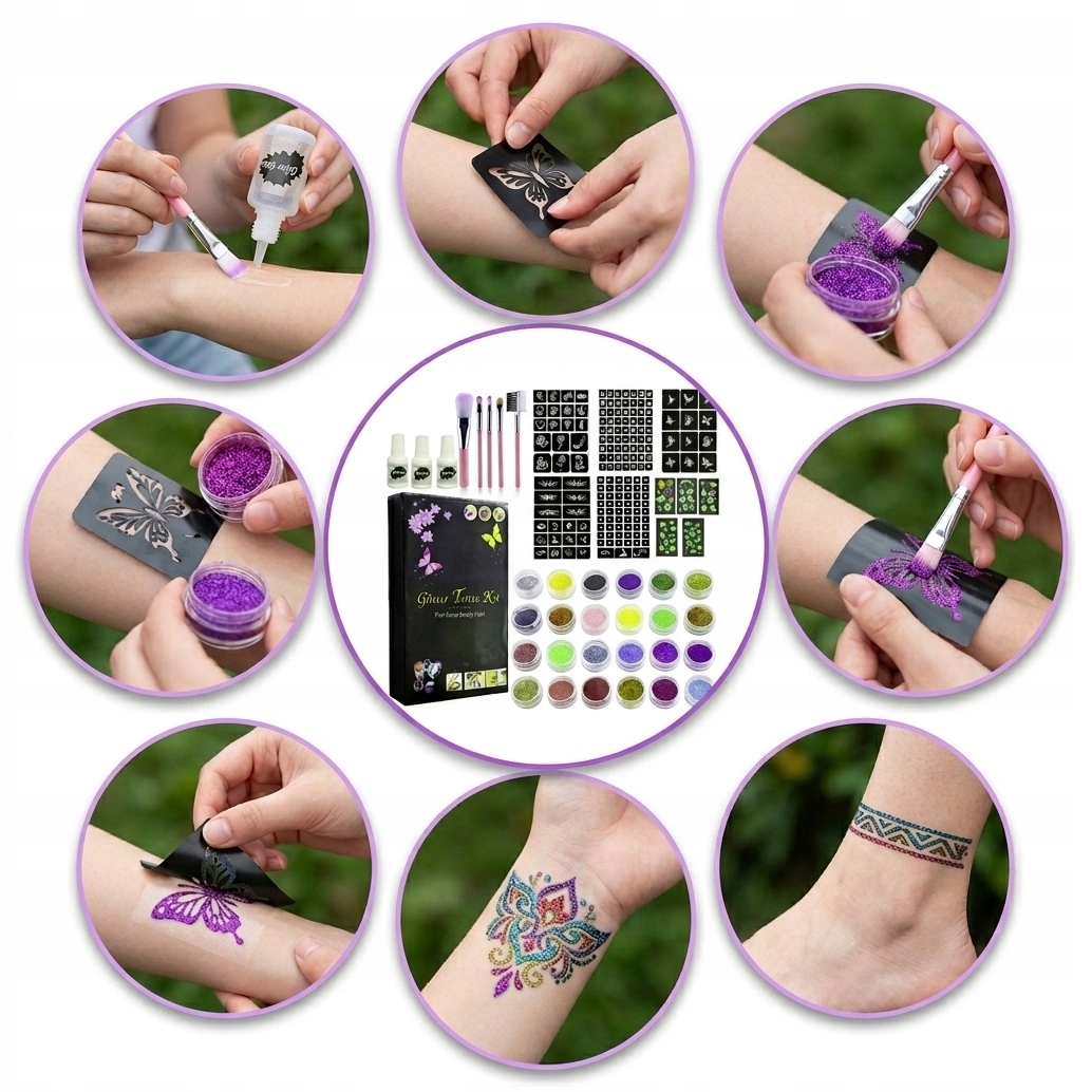 GLITTER TATOO RINKINYS VAIKAMS GLITTER TEMPLATES 24 vnt 3x XXL GLUE