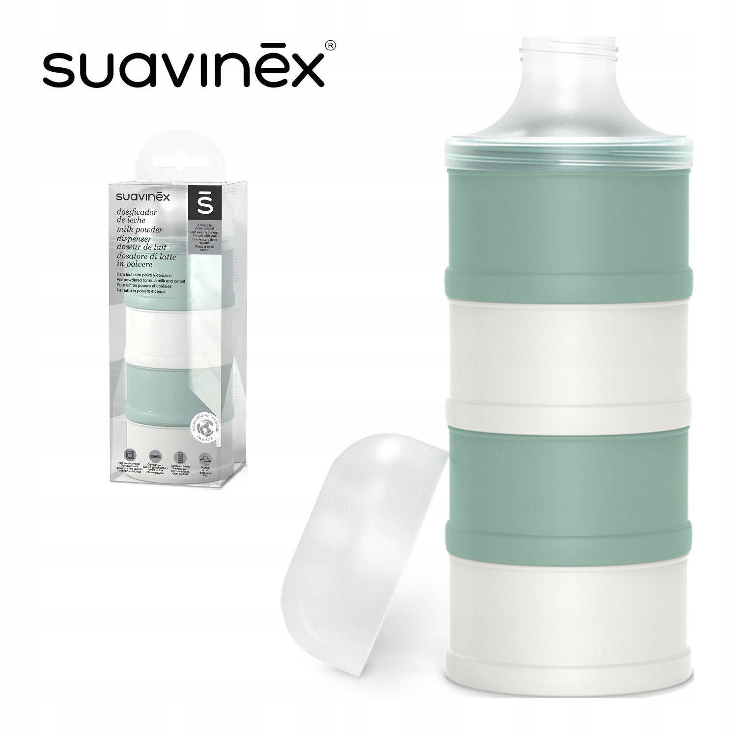 Suavinex Pieno miltelių indelis 100 ml su dozatoriumi 4 vnt