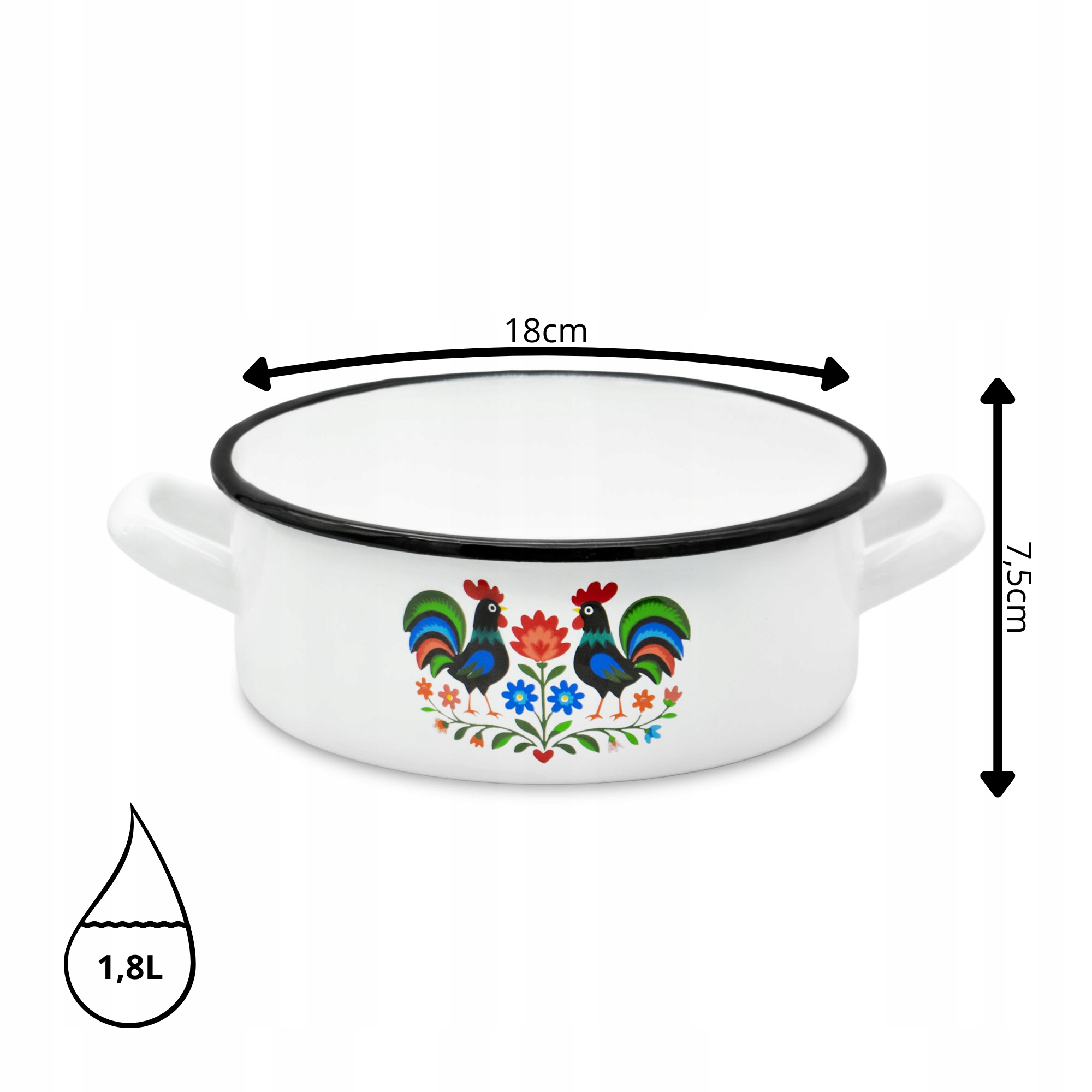 Emaliuotas Puodas 18cm su rankenėlėmis Tradicinis baltas liaudies puodas 1,8L