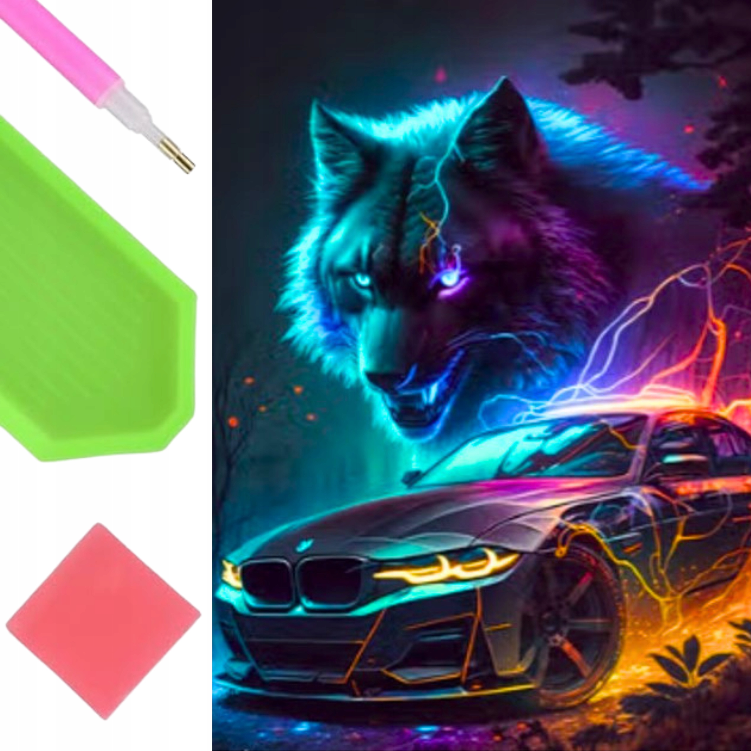 Deimantinis siuvinėjimas Mozaika Deimantinis dažymas Automobilis Vilkas Neonai 30x40cm