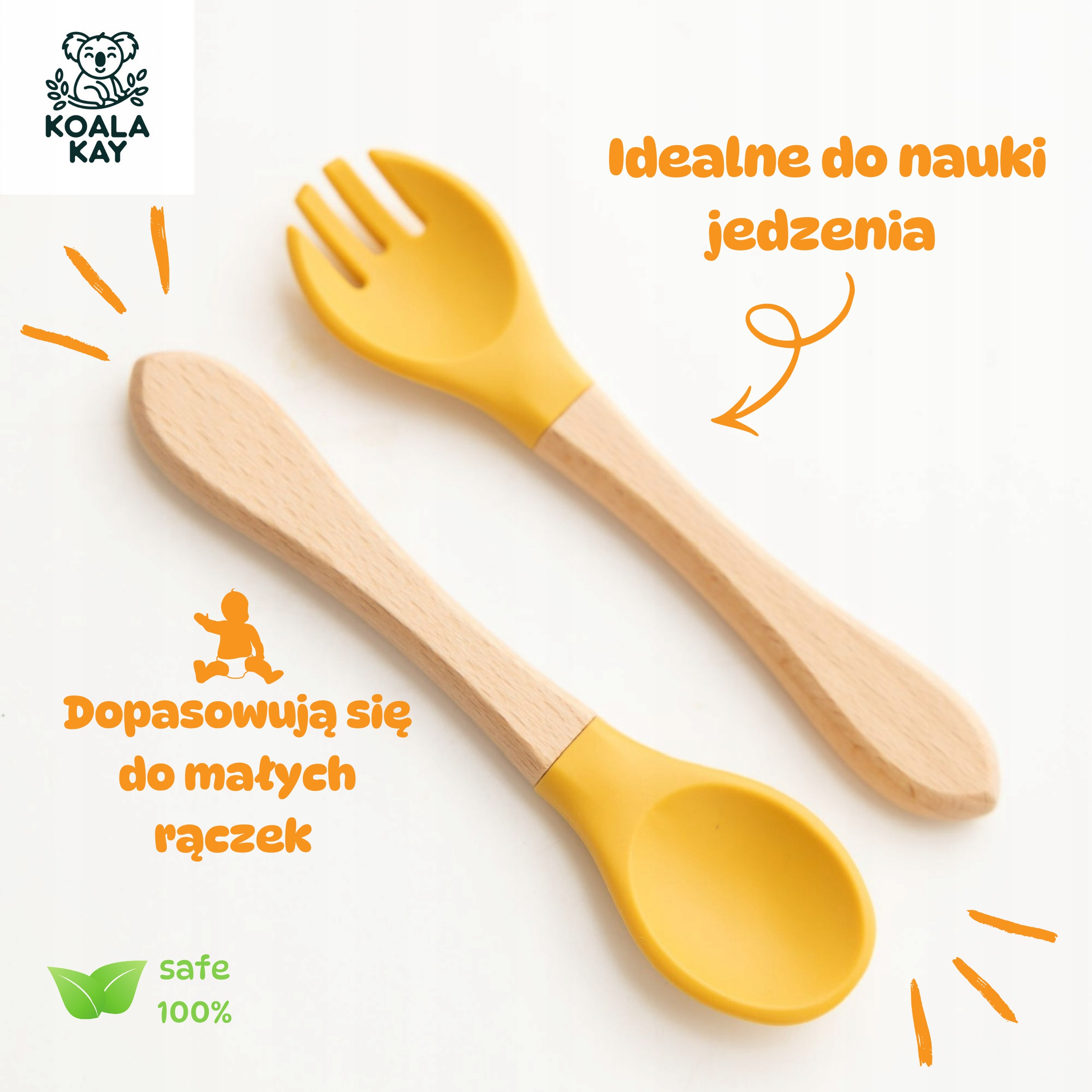Silikoniniai mediniai stalo įrankiai vaikams, kūdikiams, šaukštas, šakutė, arbatinis šaukštelis