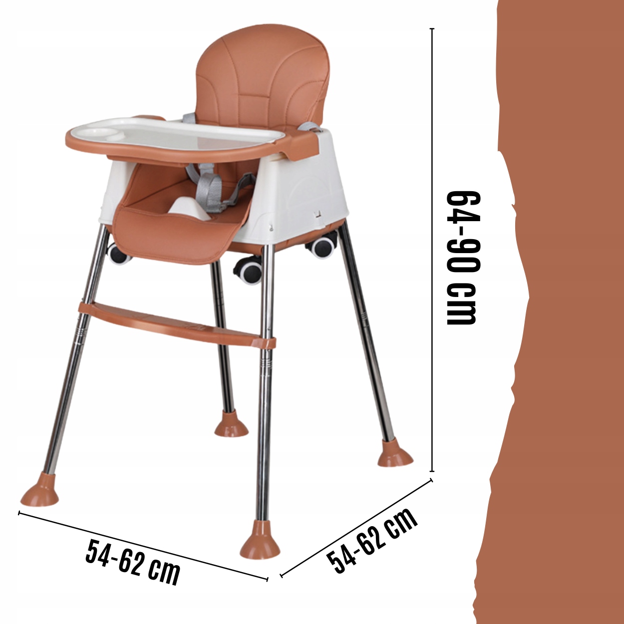 3in1 Vaikų maitinimo kėdutė, padėklas, reguliuojama sėdynė, ruda
