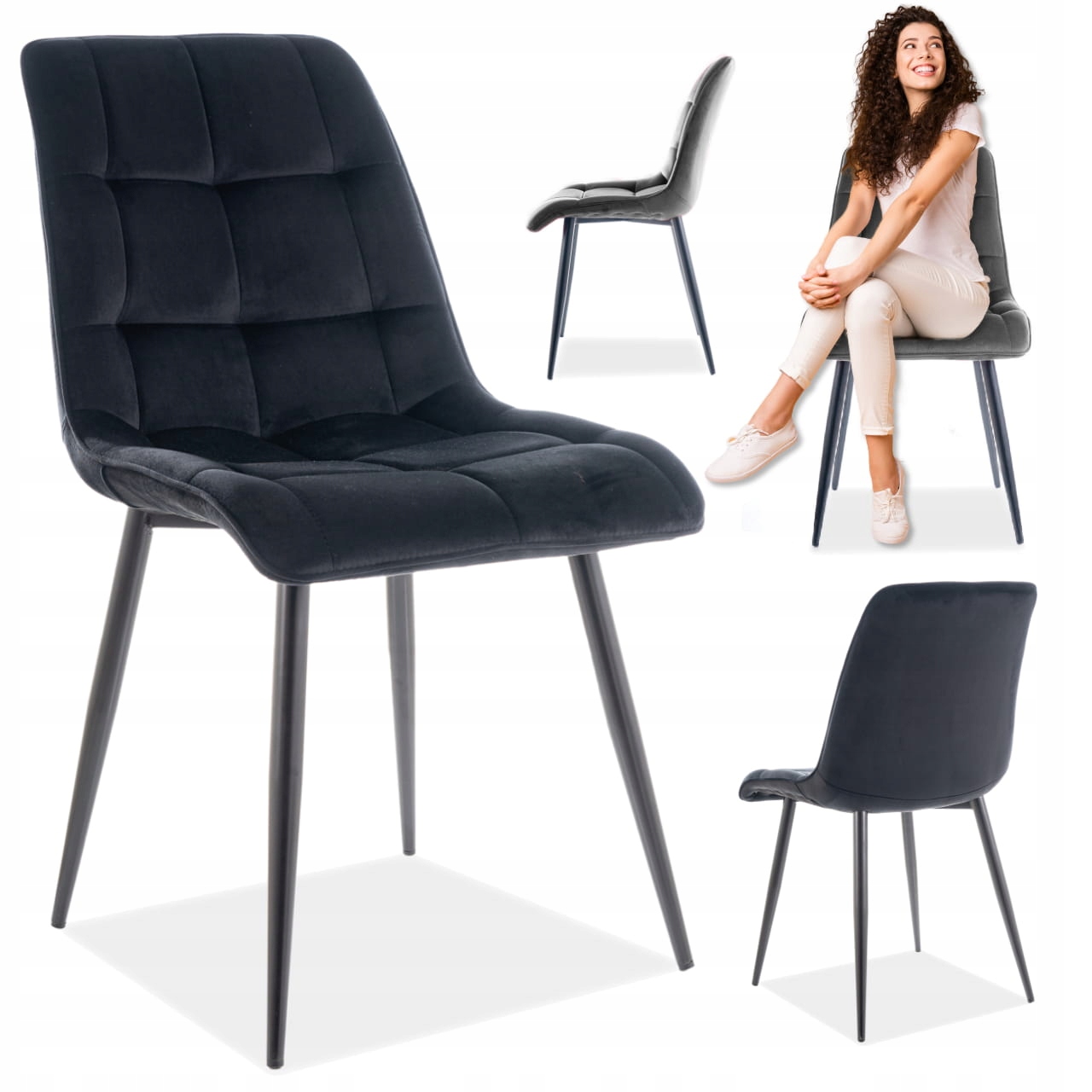 Minkšta aksominė kėdė valgomajam, virtuvei, svetainei, CHIC VELVET, juoda