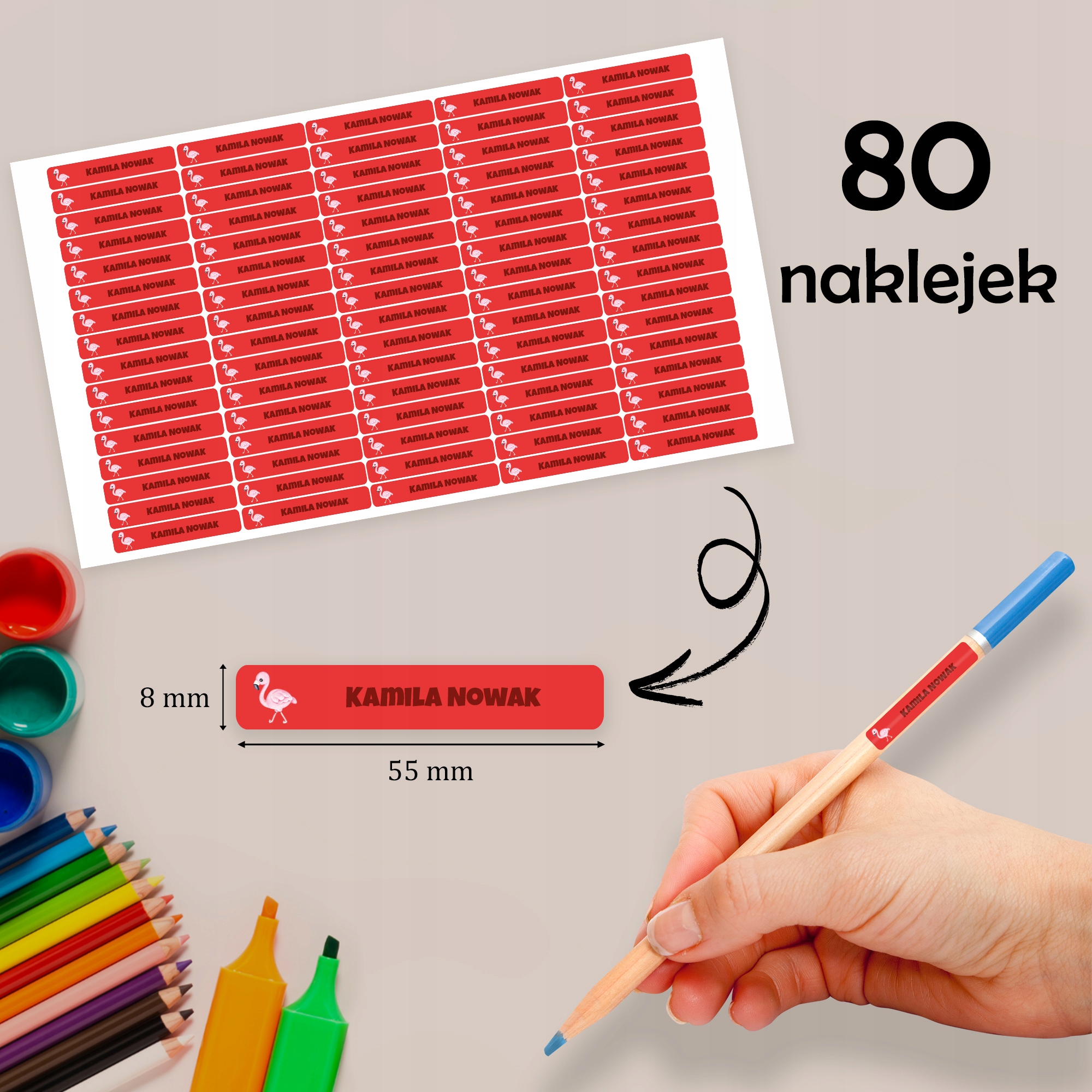 Neperšlampami vardiniai lipdukai darželiui ir mokyklai, 80 vnt, 55x8mm