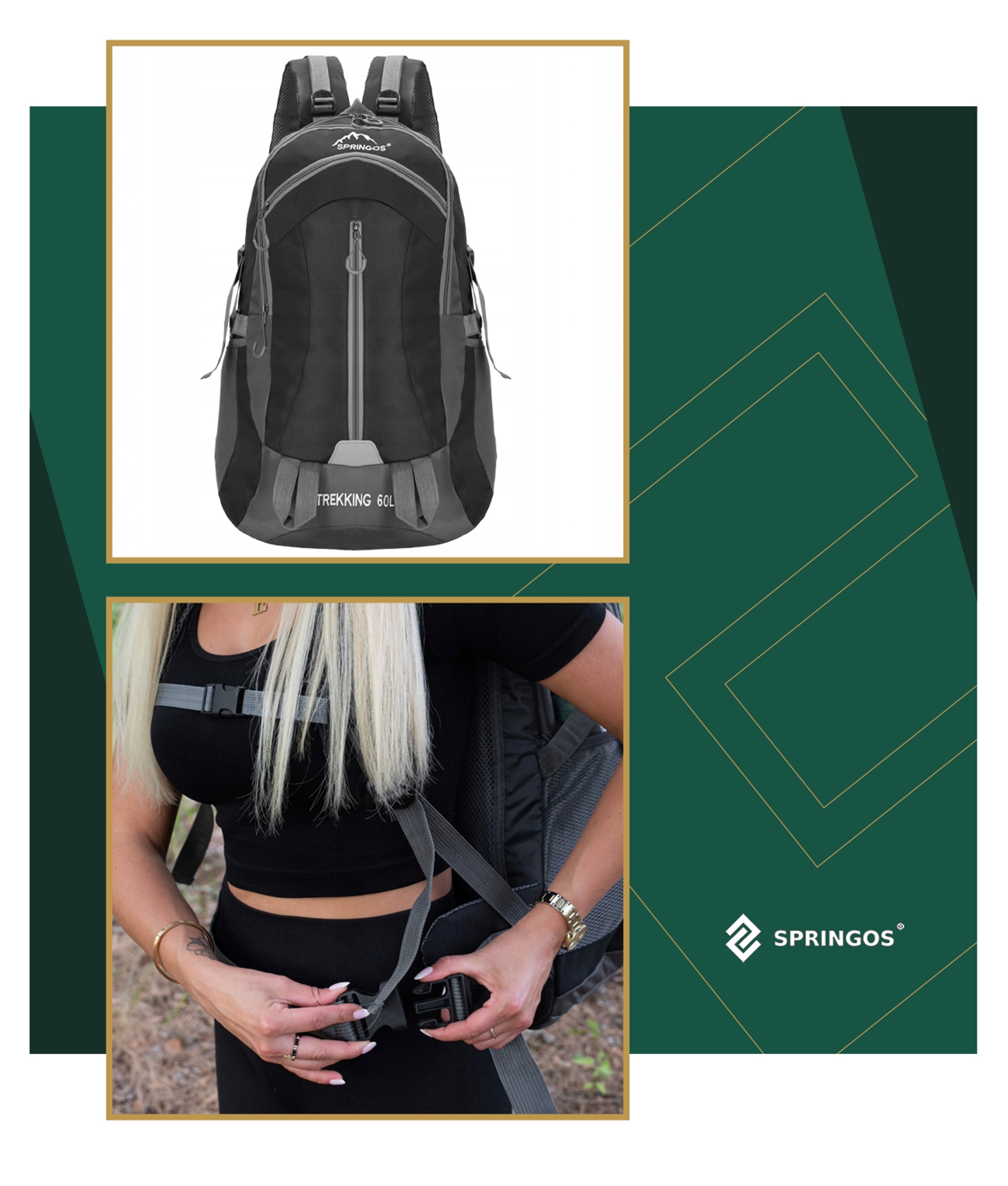 Springos trekinginis kuprinė, 60 l, juoda
