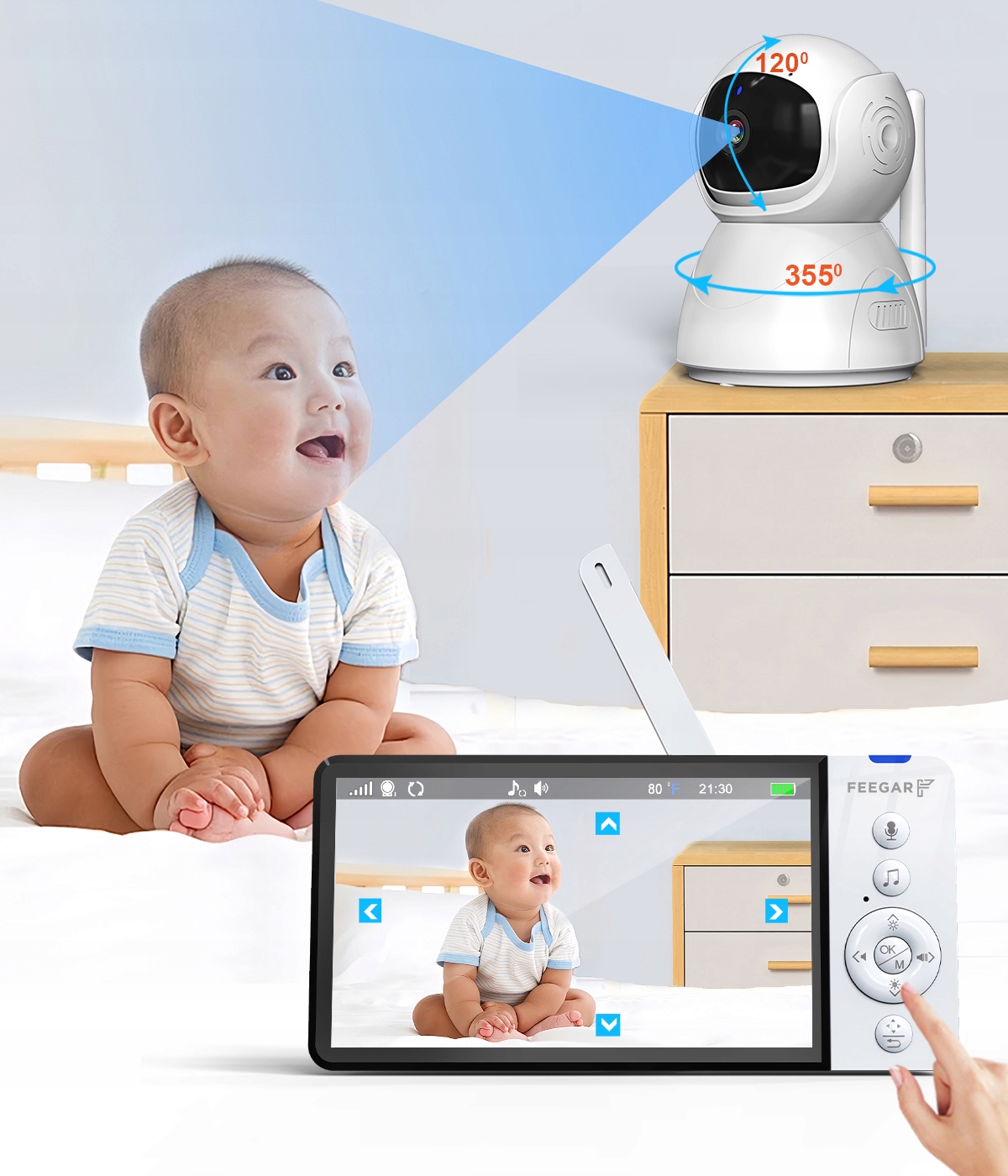 ELECTRONIC NANNY Feegar DVI kamera LCD 5 colių 5000 mAh ZOOM Įrašymas