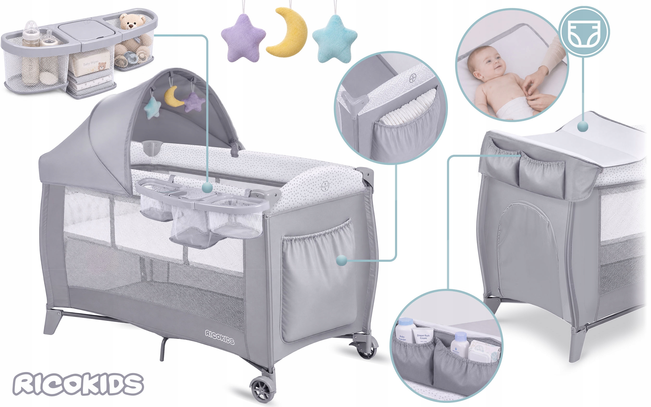 RicoKids dviejų lygių kelioninis lovelis su matracais