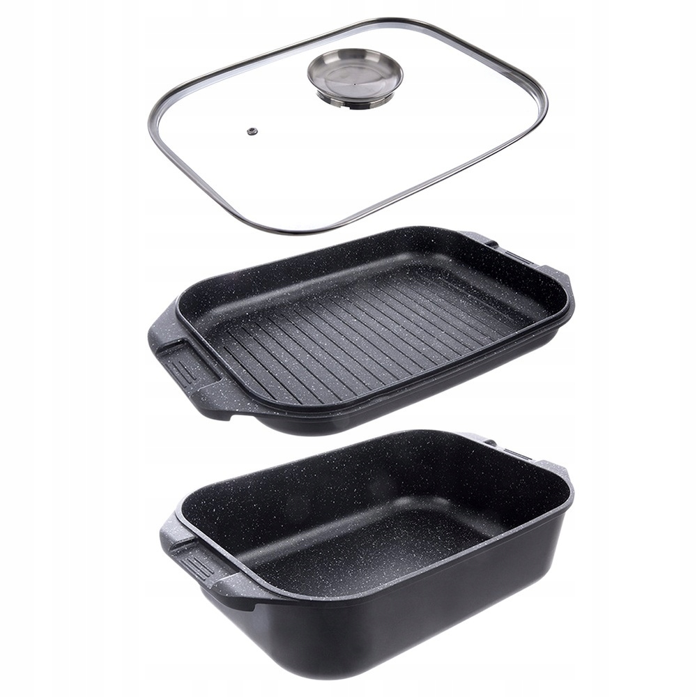 Kepimo skarda 7L 41X26X15CM ALIUMININIS SU GRILINIU KEPU IR STIKLINIU dangteliu