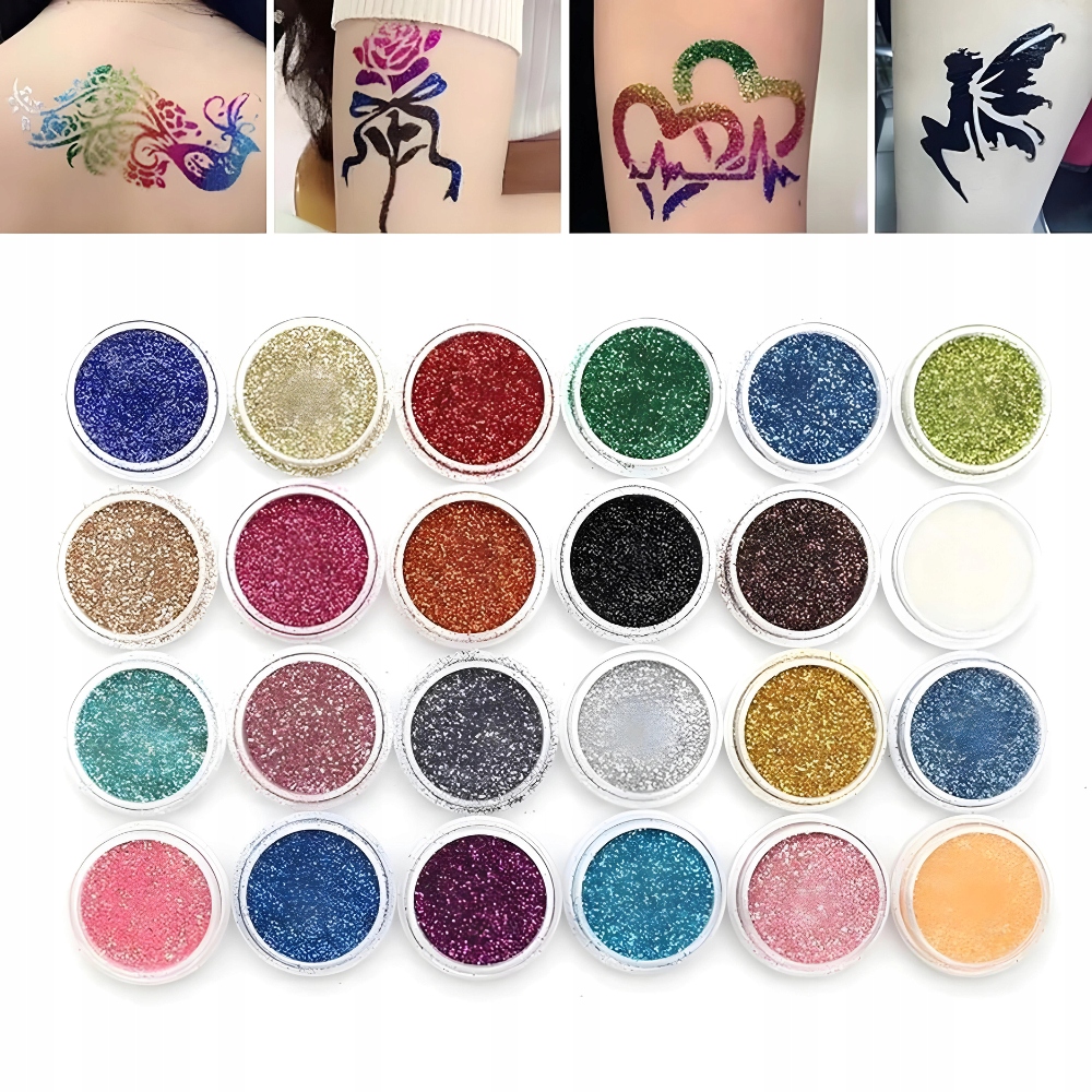 Blizgios tatuiruotės rinkinys su šablonais ir braižais