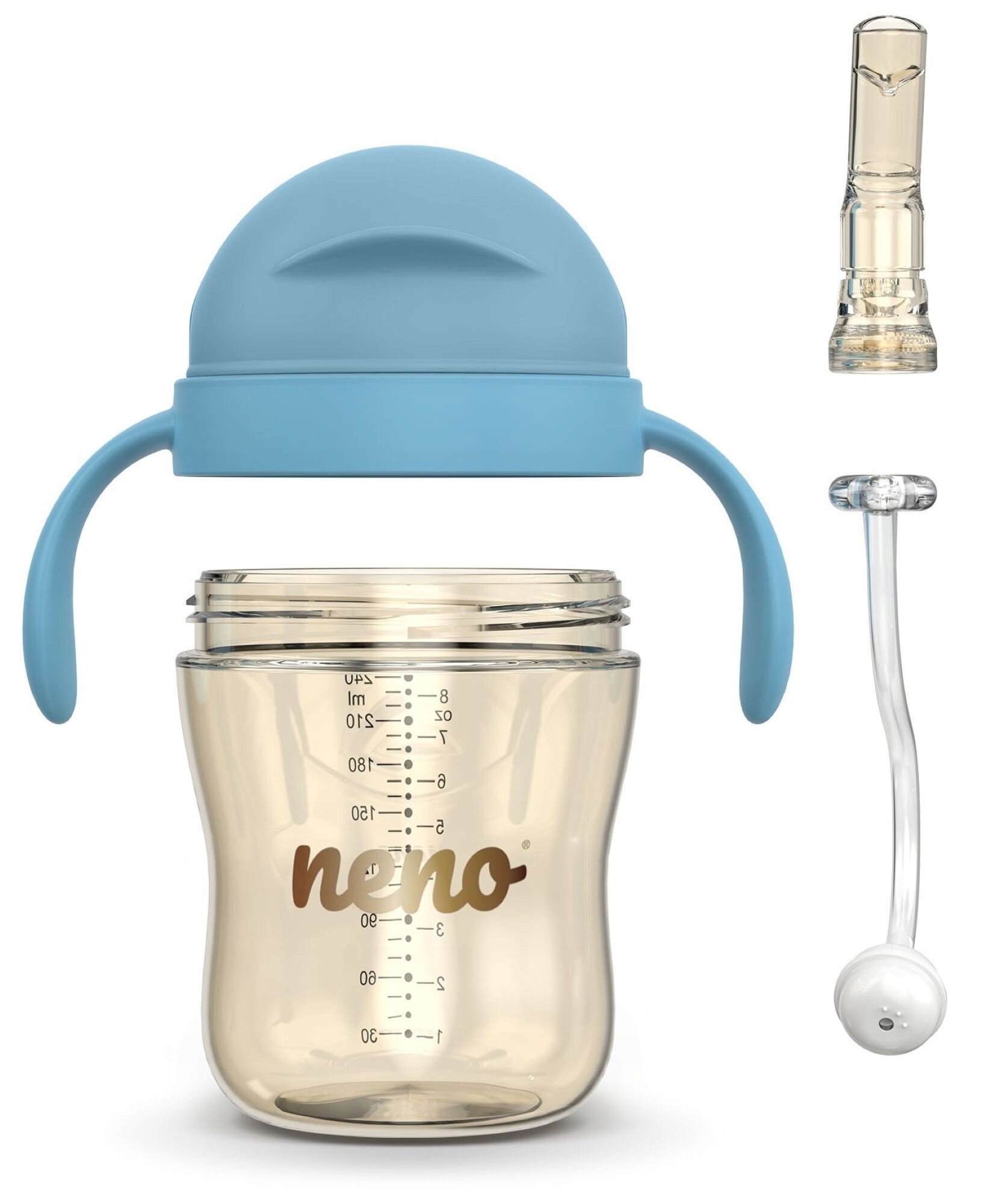 NENO BEBESITO BLUE VAIKŲ BUTELIUKAS SU ŠIAUDU IR SVORIU 240ml