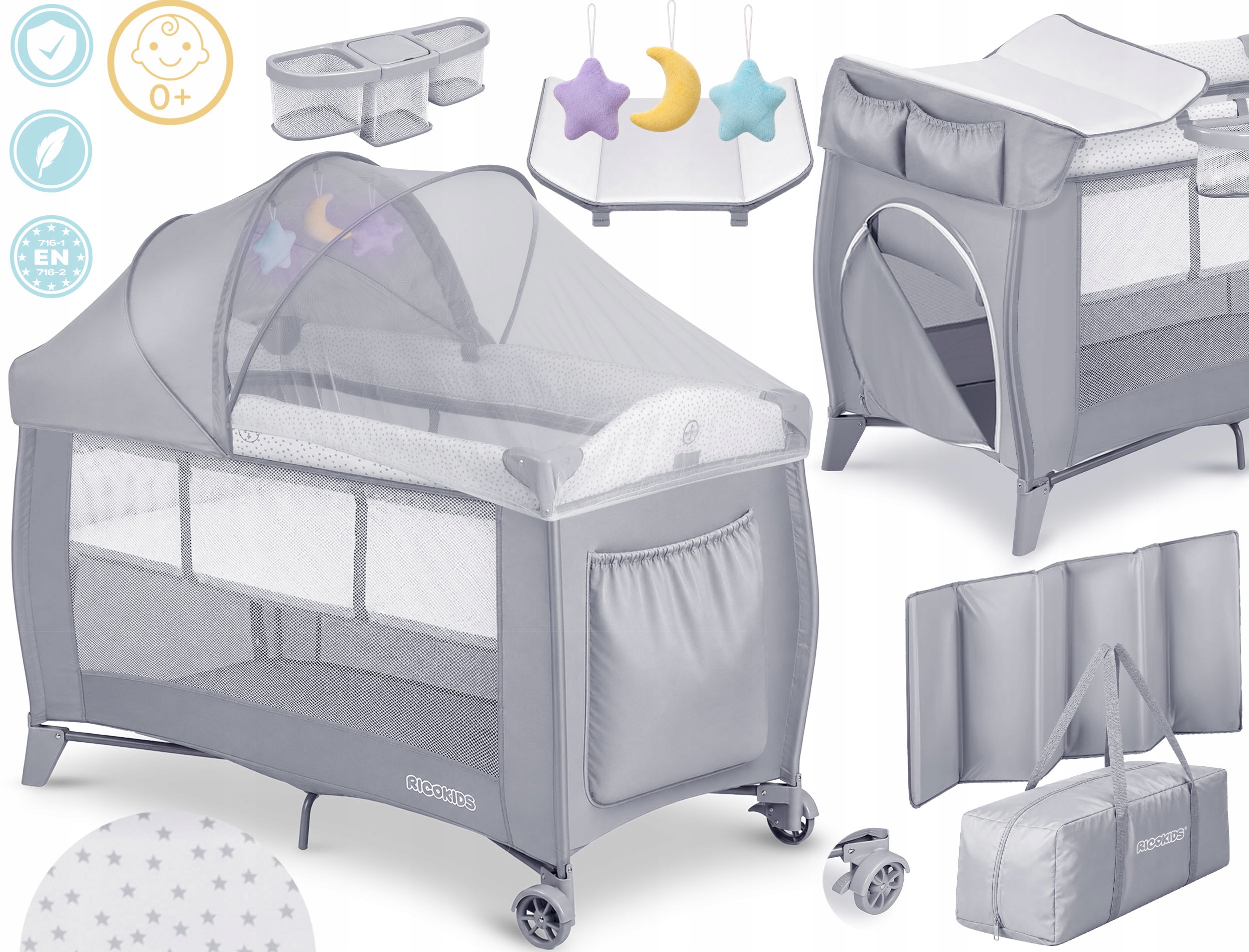 RicoKids dviejų lygių kelioninis lovelis su matracais