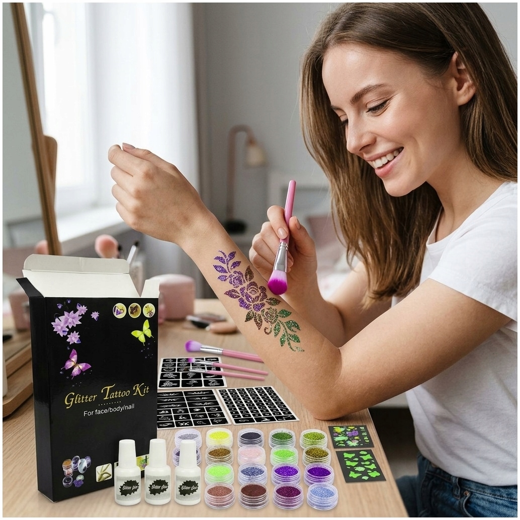 GLITTER TATOO RINKINYS VAIKAMS GLITTER TEMPLATES 24 vnt 3x XXL GLUE