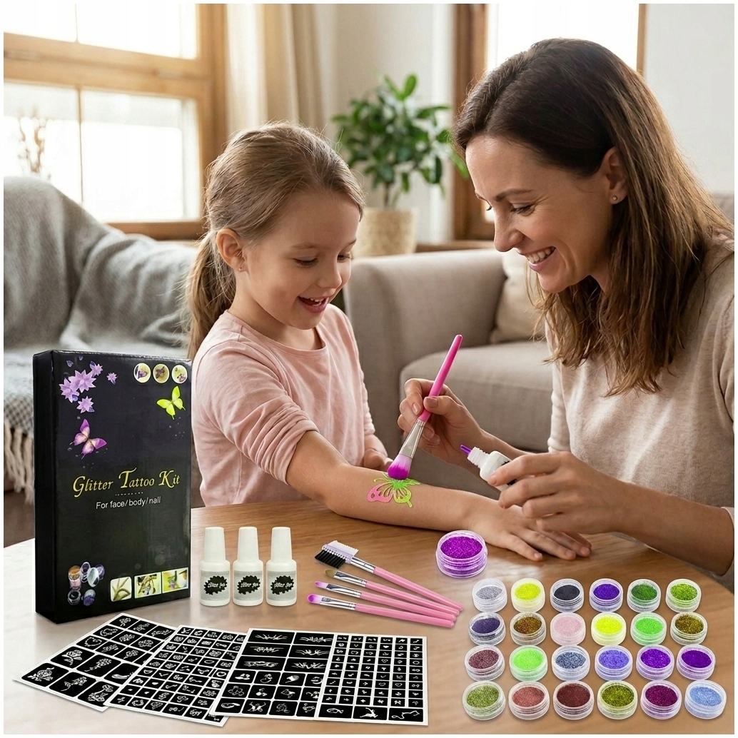 GLITTER TATOO RINKINYS VAIKAMS GLITTER TEMPLATES 24 vnt 3x XXL GLUE