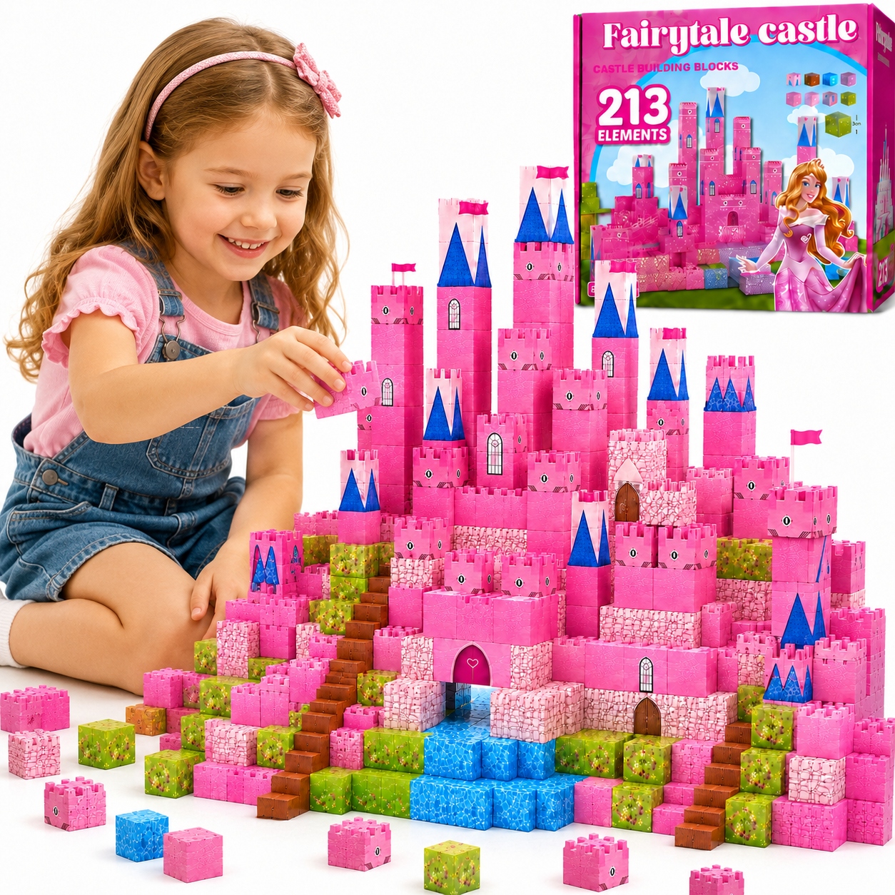 MAGNETINIAI BLOKAI 213 MERGAITĖMS KONSTRUKCIJA KUBAS PILIS PINK