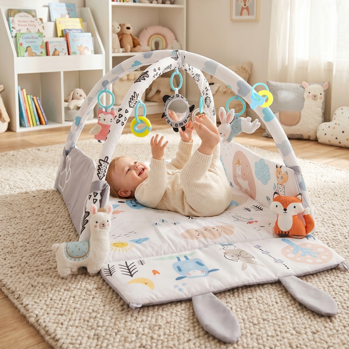Didelis minkštas interaktyvus mokomasis kilimėlis 4in1 Minky Pillow 20 kamuoliukų
