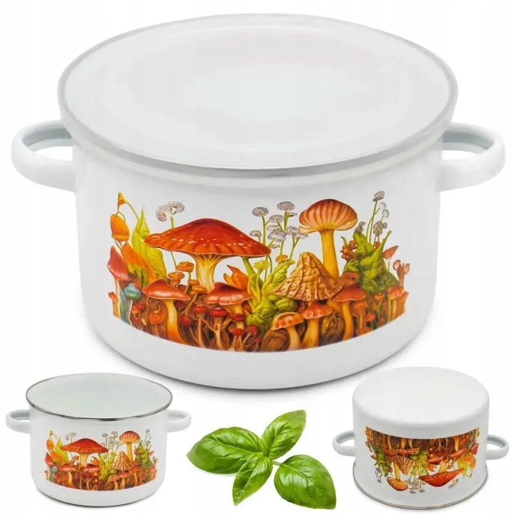 Puodas su dangteliu emaliuotas puodas 18cm virtuvės sriuboms grybai 2,2 l