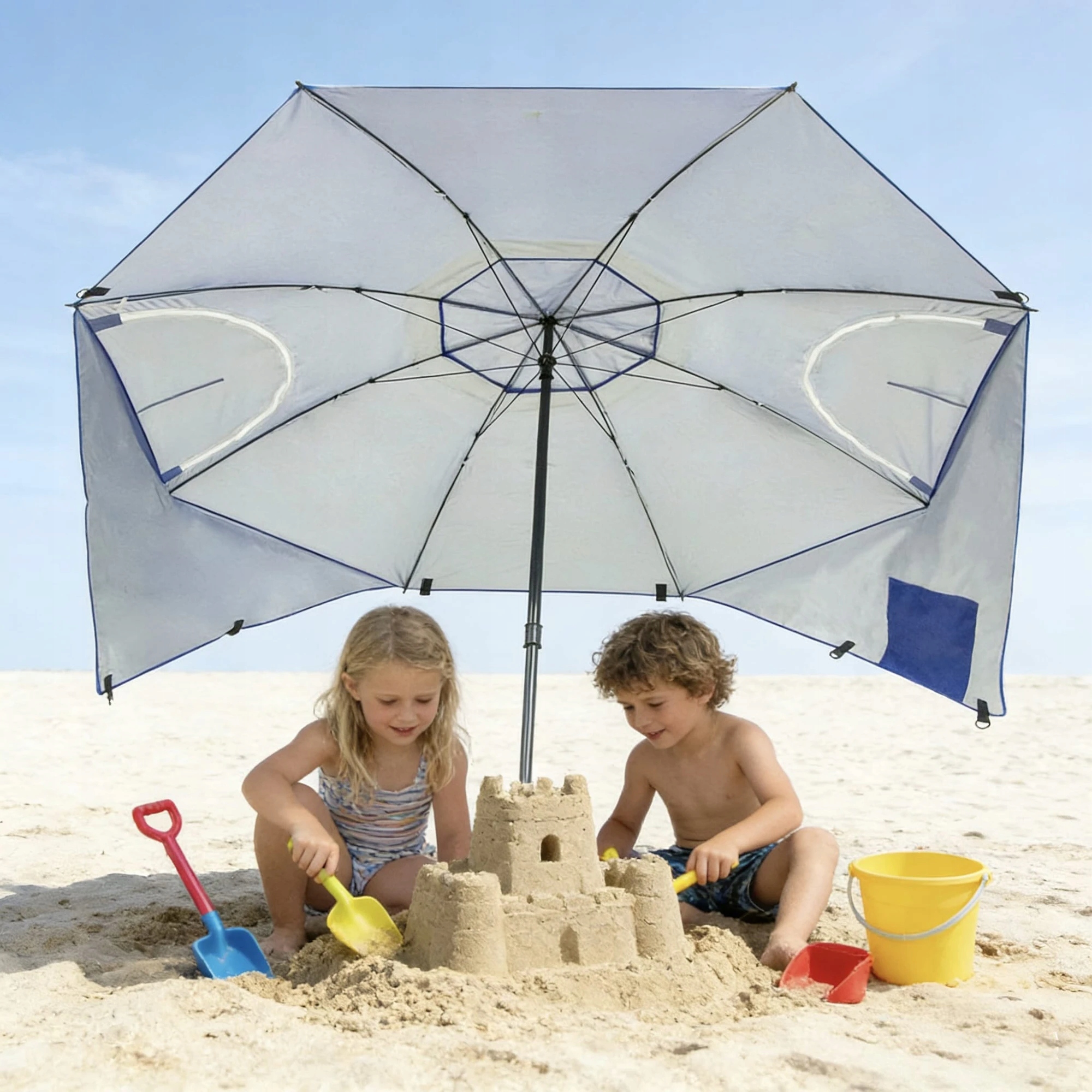 PAPLŪDŽIO SkėTIS 2IN1 PALAPINĖ SU UŽDĖGIMAIS 240cm BEACH OASIS UV50+ MĖLYNA