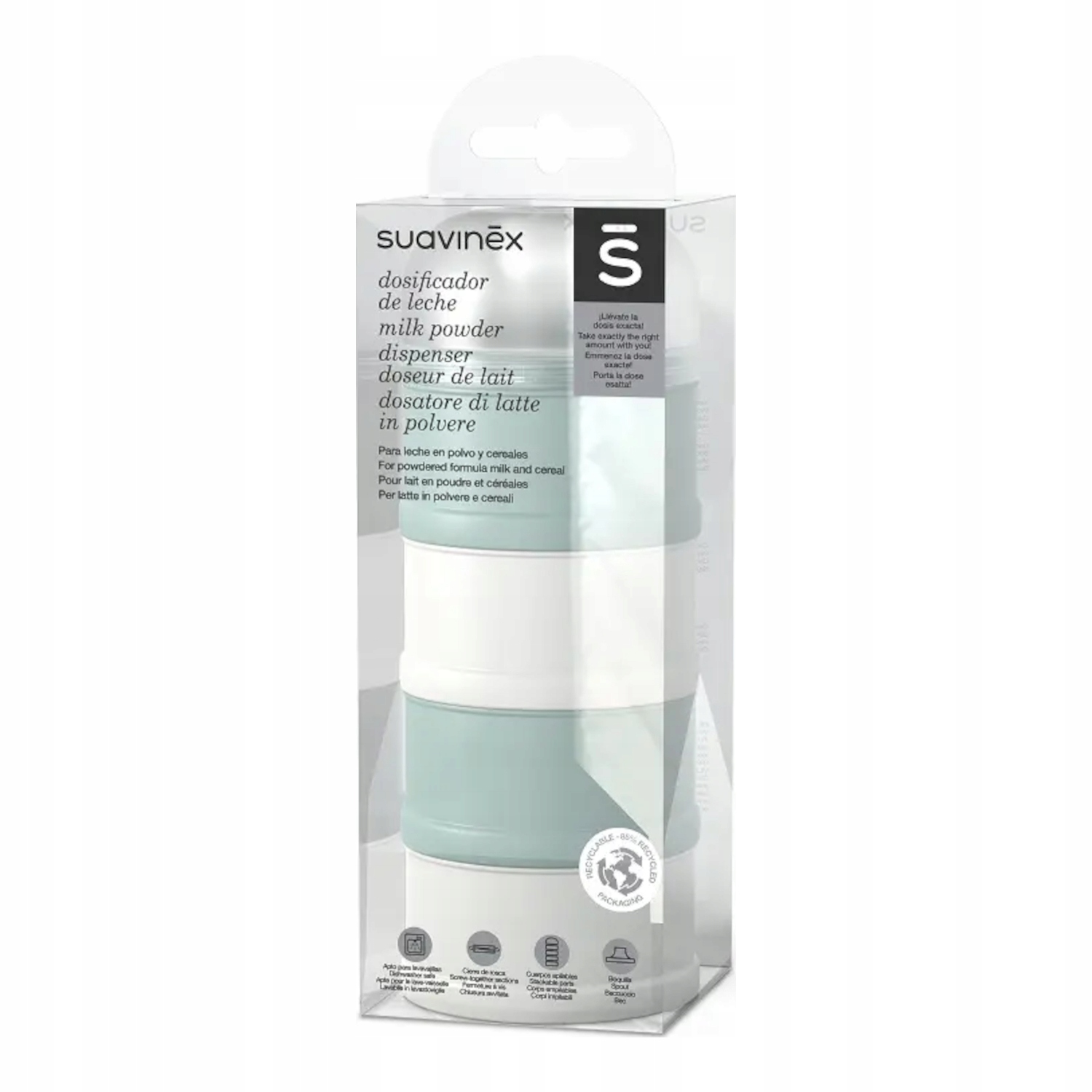 Suavinex Pieno miltelių indelis 100 ml su dozatoriumi 4 vnt