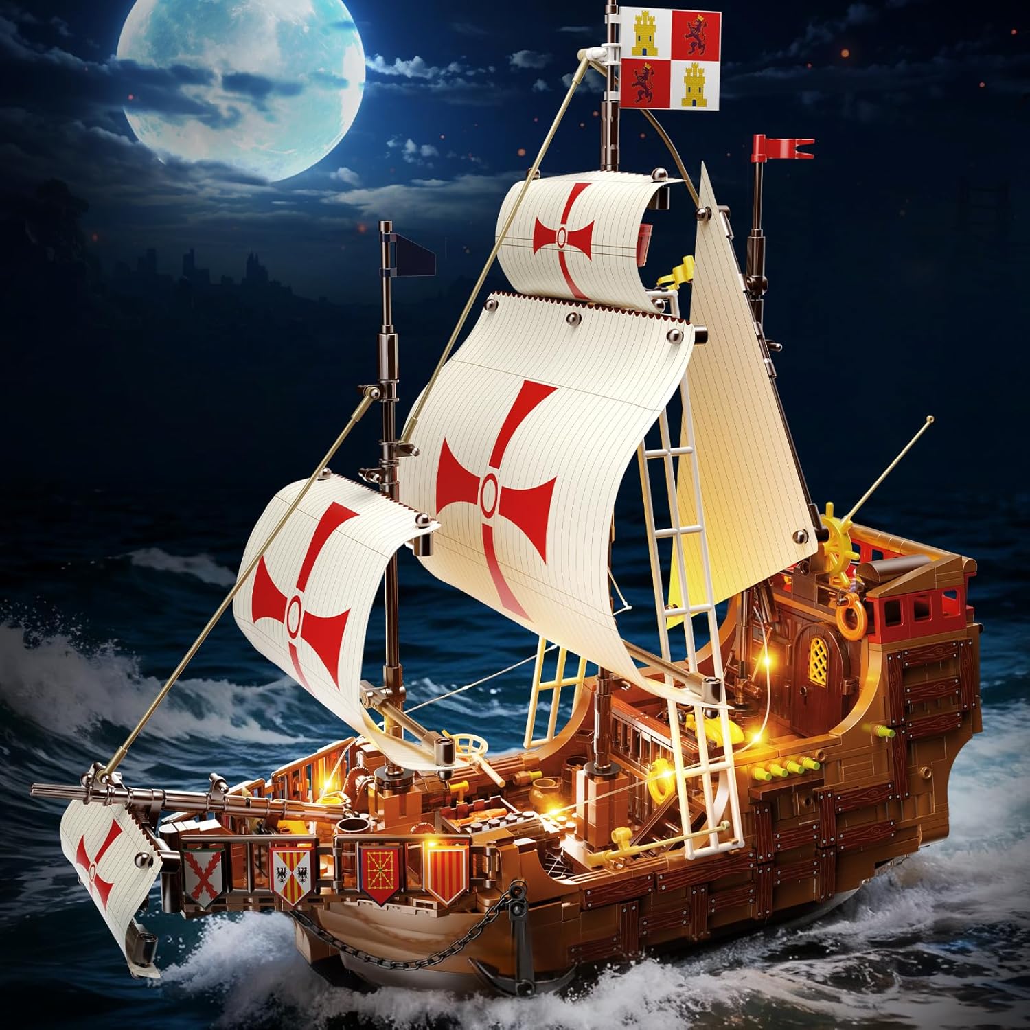 BLOKŲ PIRATŲ LAIVAS SANTA MARIA PILIS NAMAS KELIAS 2in1 DOVANA 1253vnt.