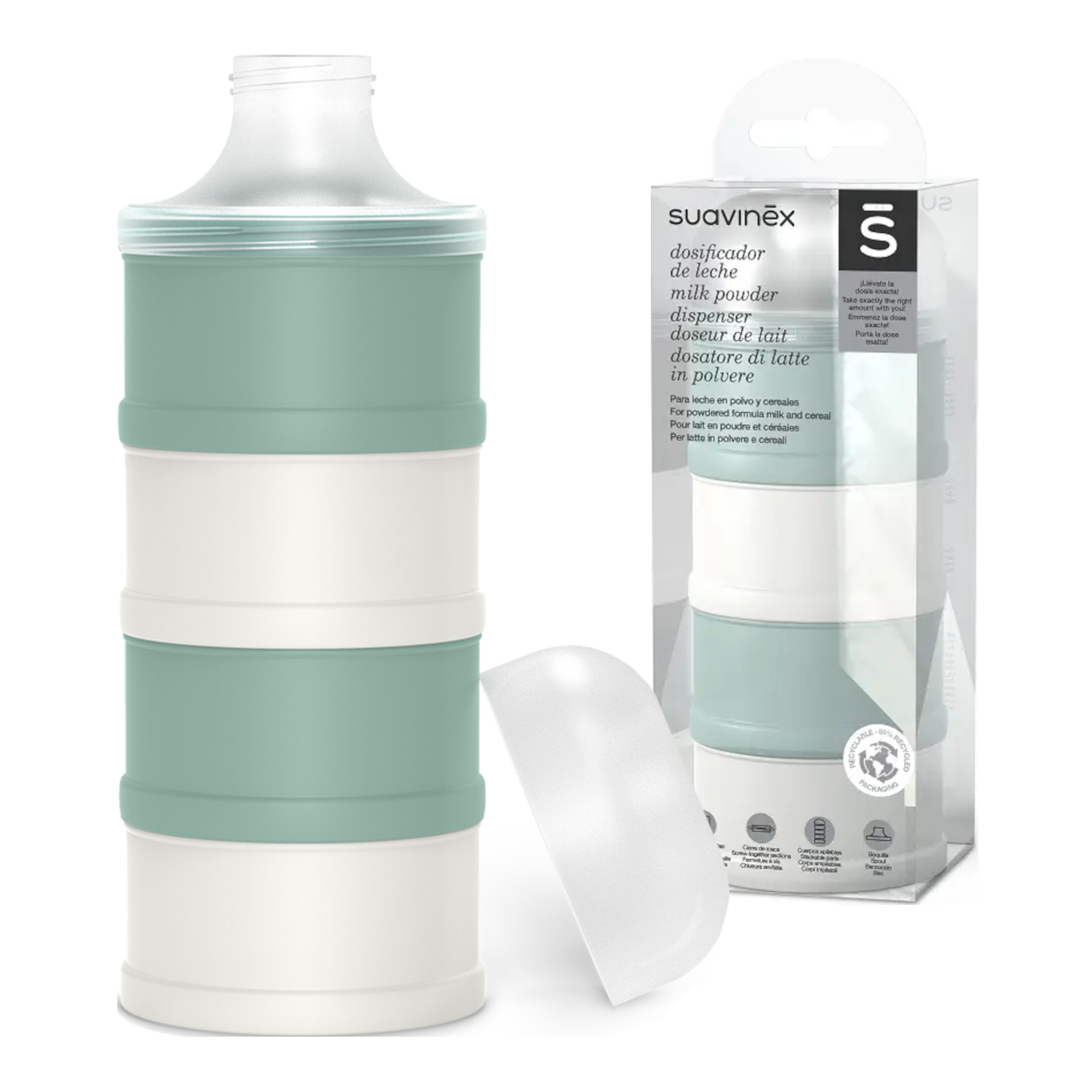 Suavinex Pieno miltelių indelis 100 ml su dozatoriumi 4 vnt