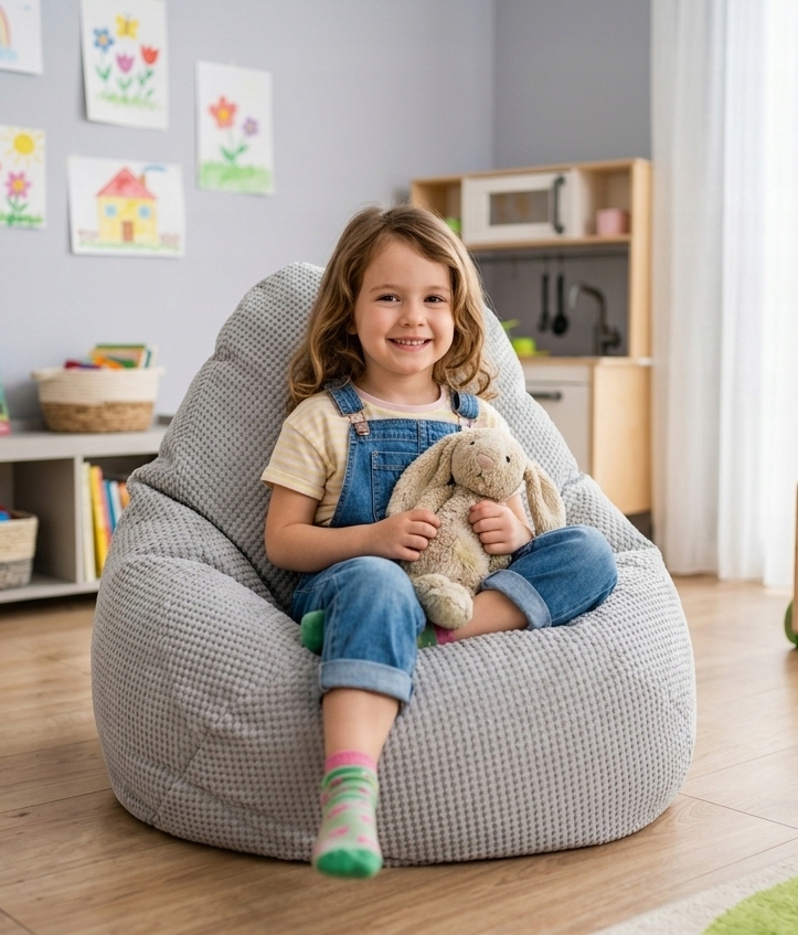 Patogus fotelis Pouf Sako 60x50cm minkštas pliušinis pilkas šviesus sėdynė
