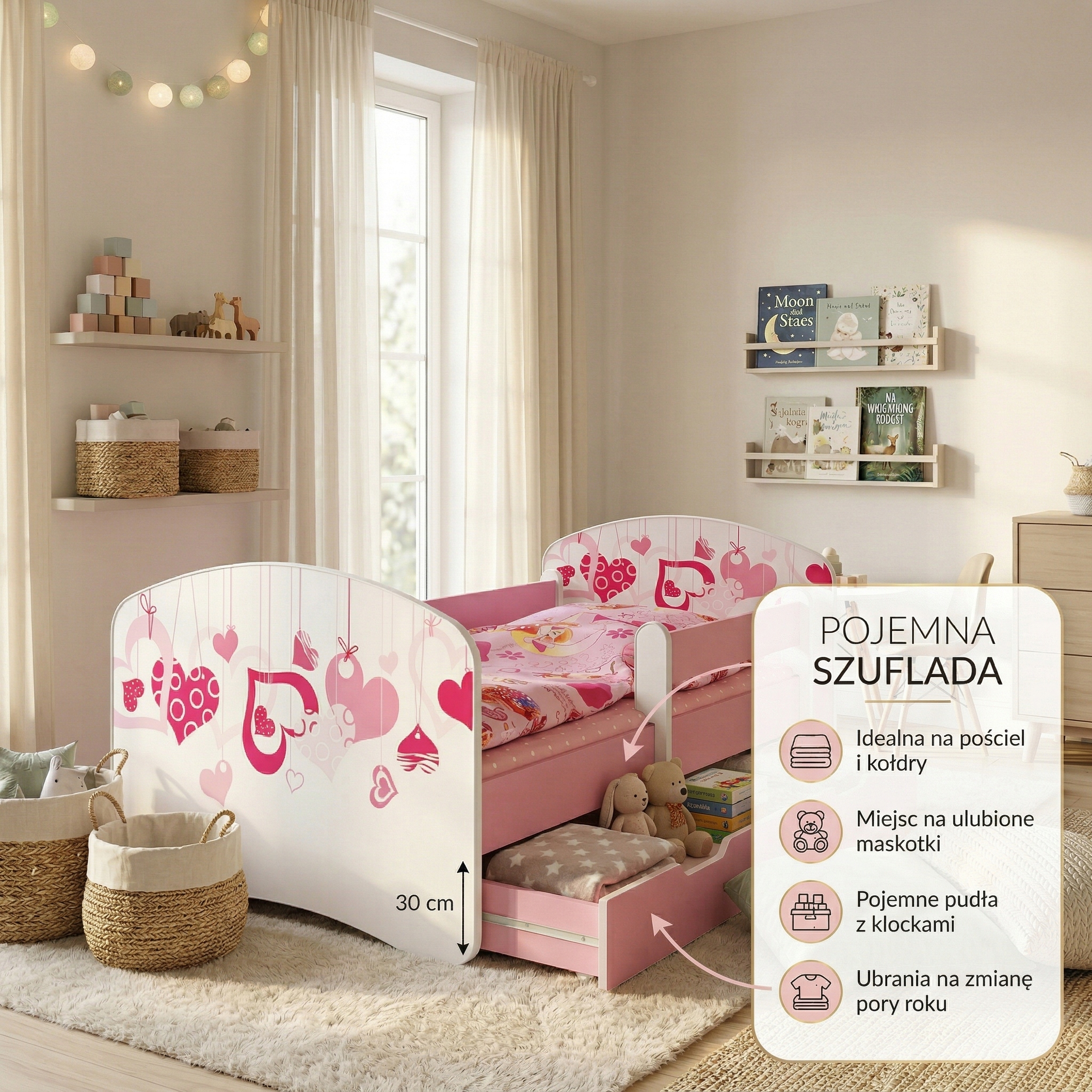 Rožinė vaikiška lova 180x90 su stalčiumi, čiužinys, turėklų rėmas - komplektas
