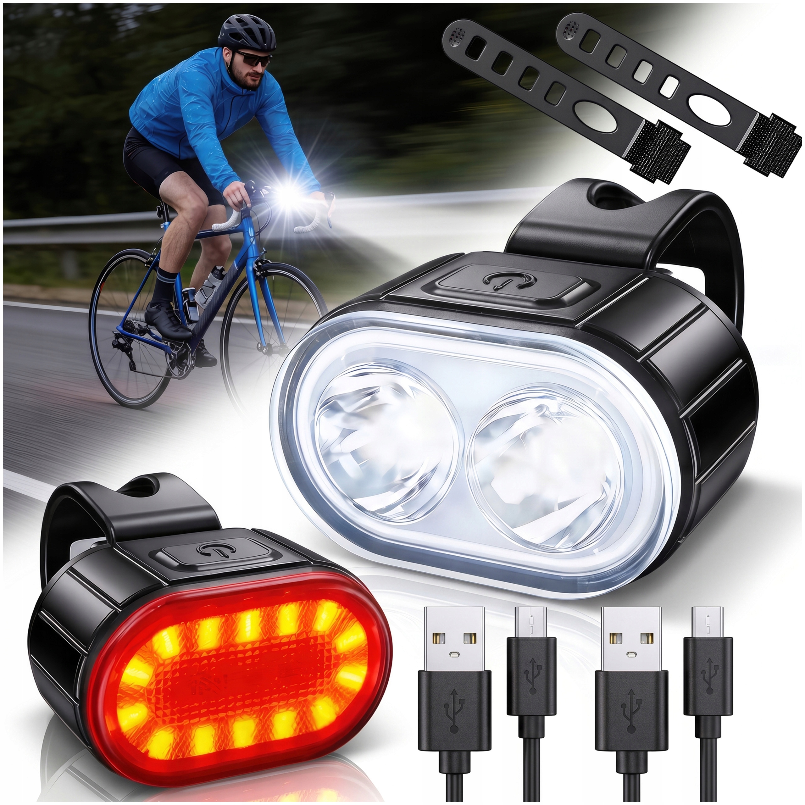 LED dviračio žibintai priekiniai galiniai akumuliatociniai 2 vnt