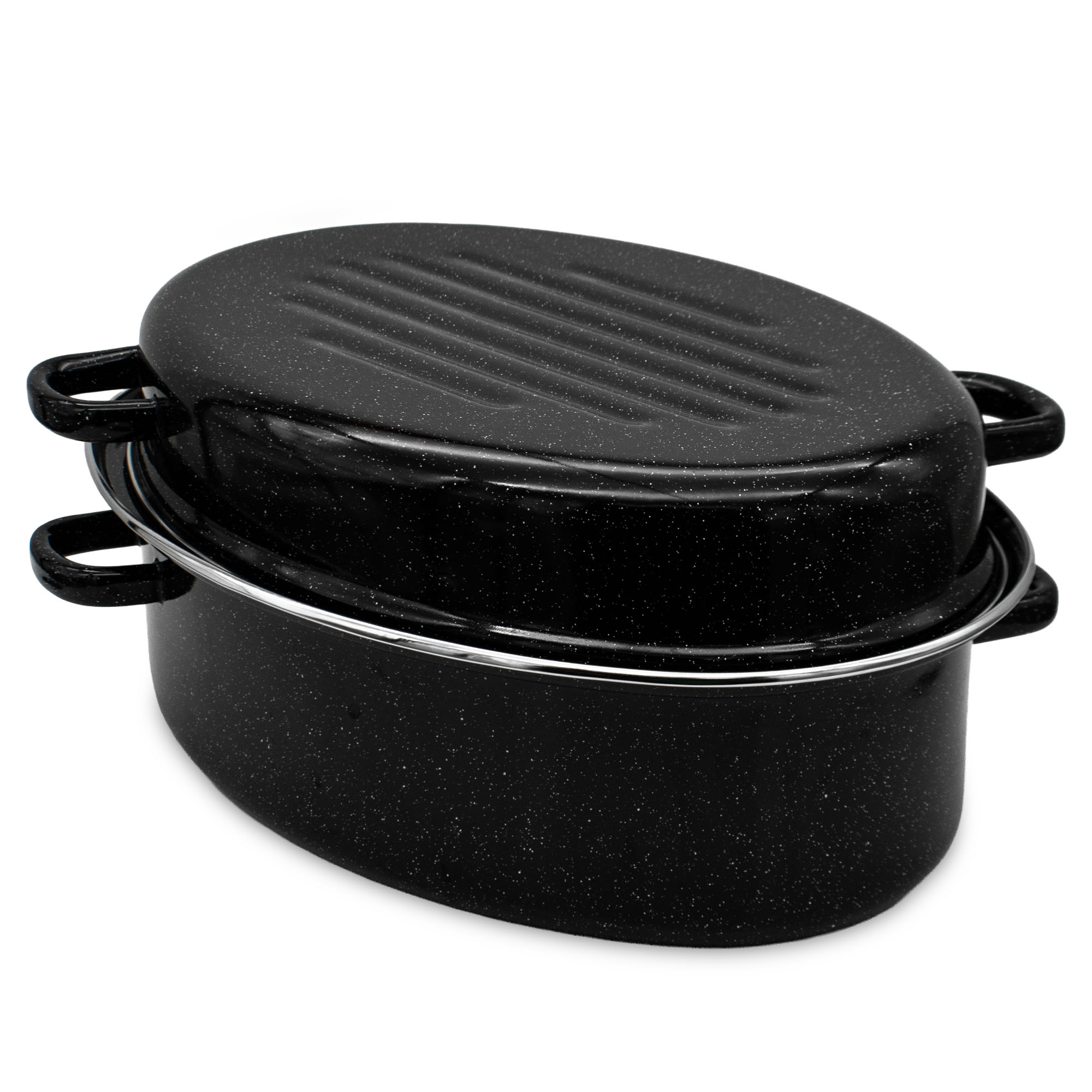 Emaliuotas žąsų puodas 38 cm ovalus kepsnys su dangčiu, talpus juodas 7,5 l