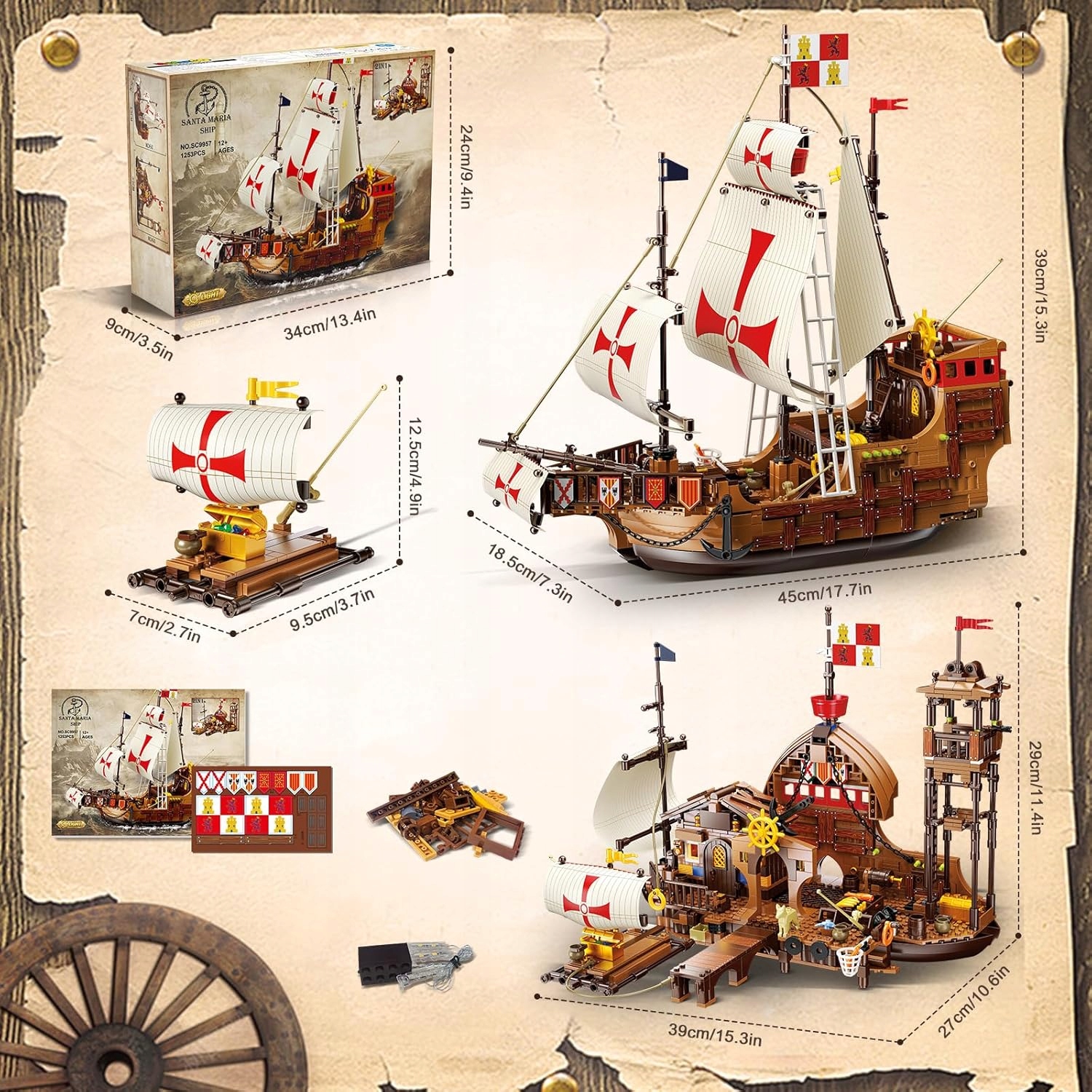 BLOKŲ PIRATŲ LAIVAS SANTA MARIA PILIS NAMAS KELIAS 2in1 DOVANA 1253vnt.