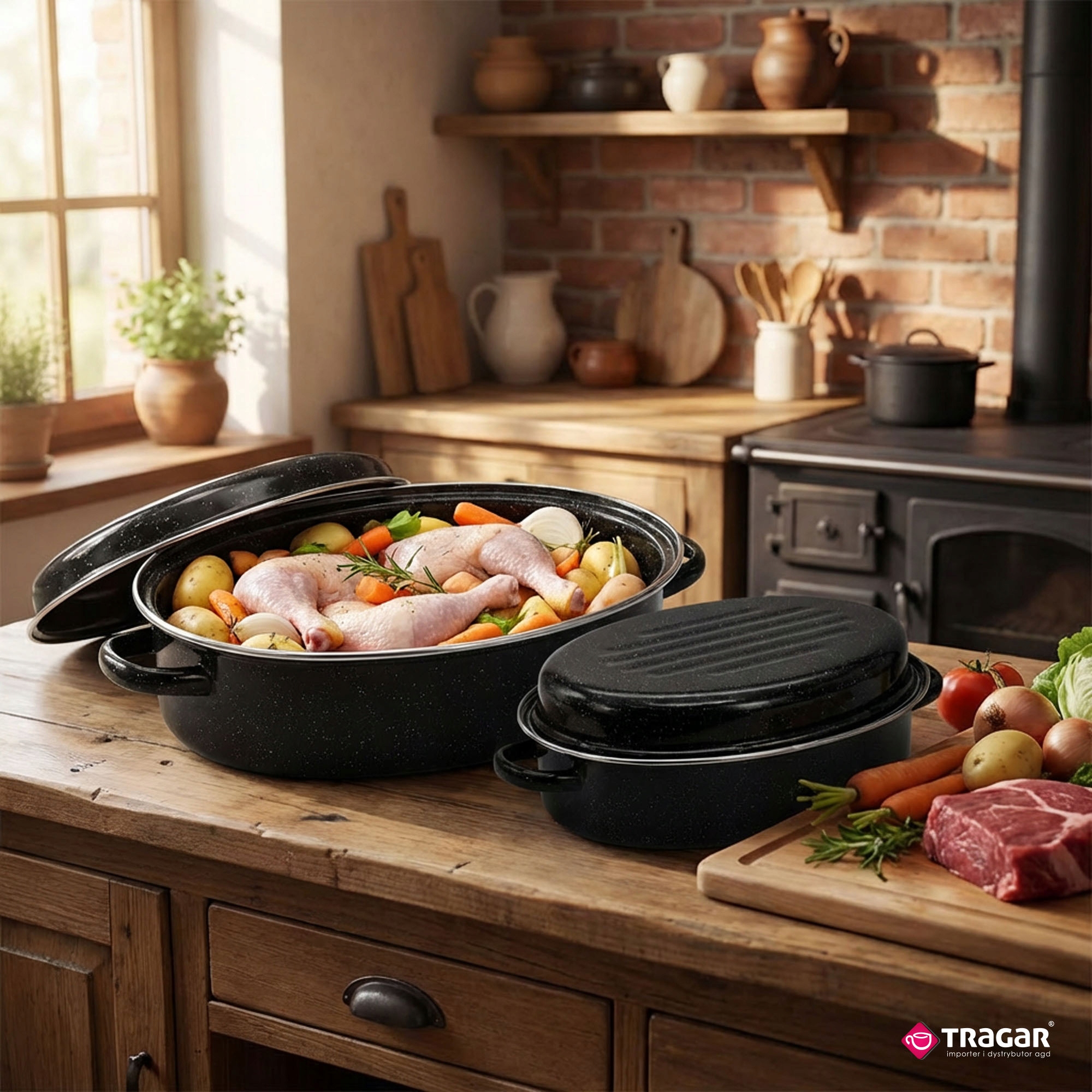 Emaliuotas žąsų puodas 38 cm ovalus kepsnys su dangčiu, talpus juodas 7,5 l